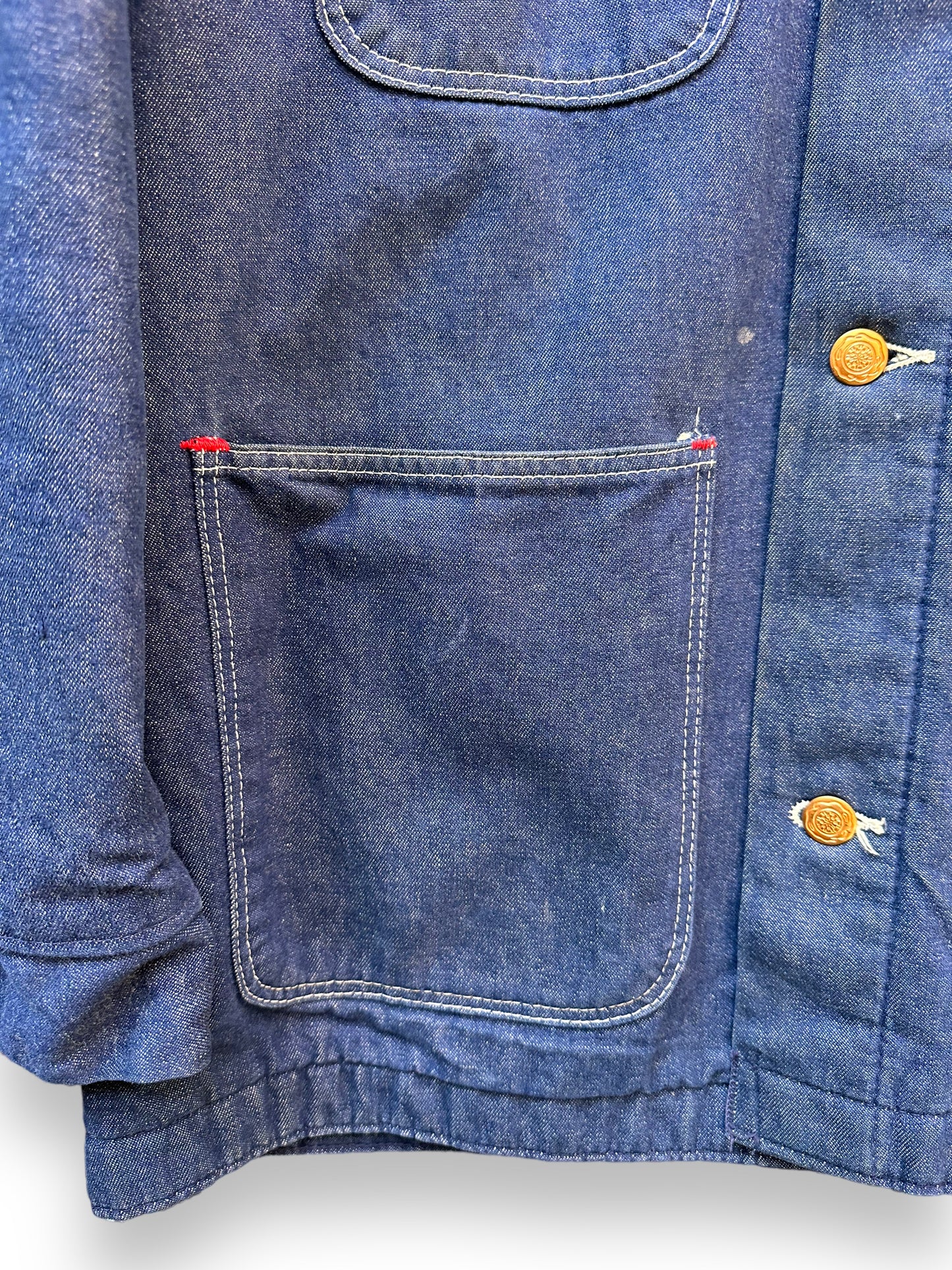 Lower Front Right Pocket View of Vintage Blanket Lined Denim Chore Coat SZ L | Vintage Denim Chore Coat | Barn Owl Vintage Seattle