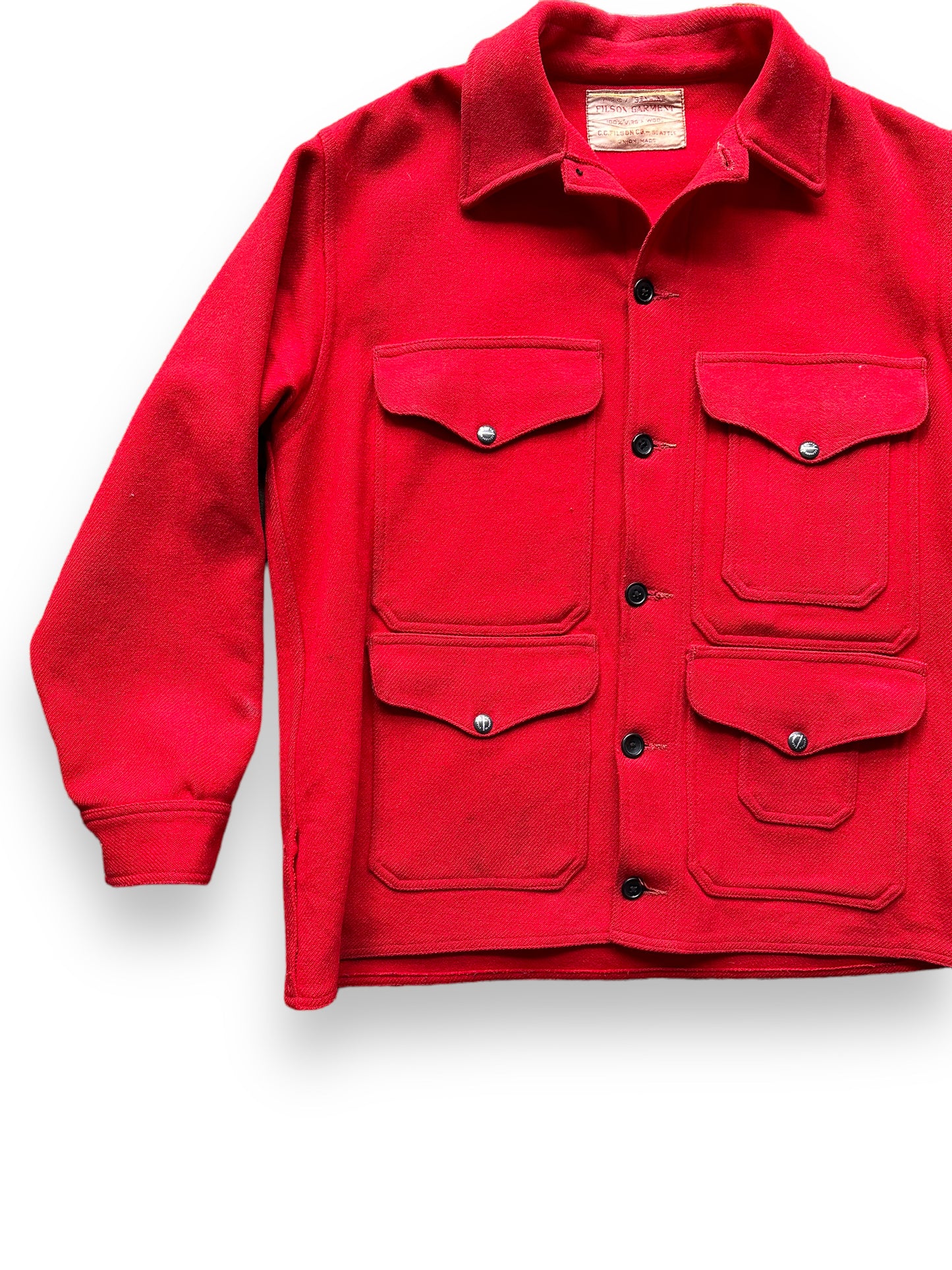 front right of Vintage Union Made Era Filson Scarlet Cruiser Size 44 | Barn Owl Vintage Goods | Vintage Filson Workwear Seattle