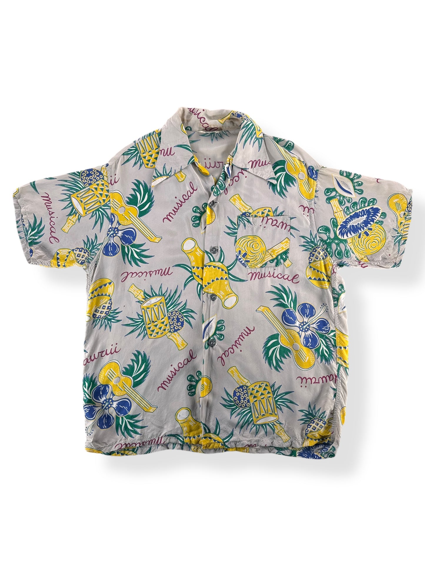 Front of Vintage 50s Rayon Hawaiian Loop Collar Shirt SZ L