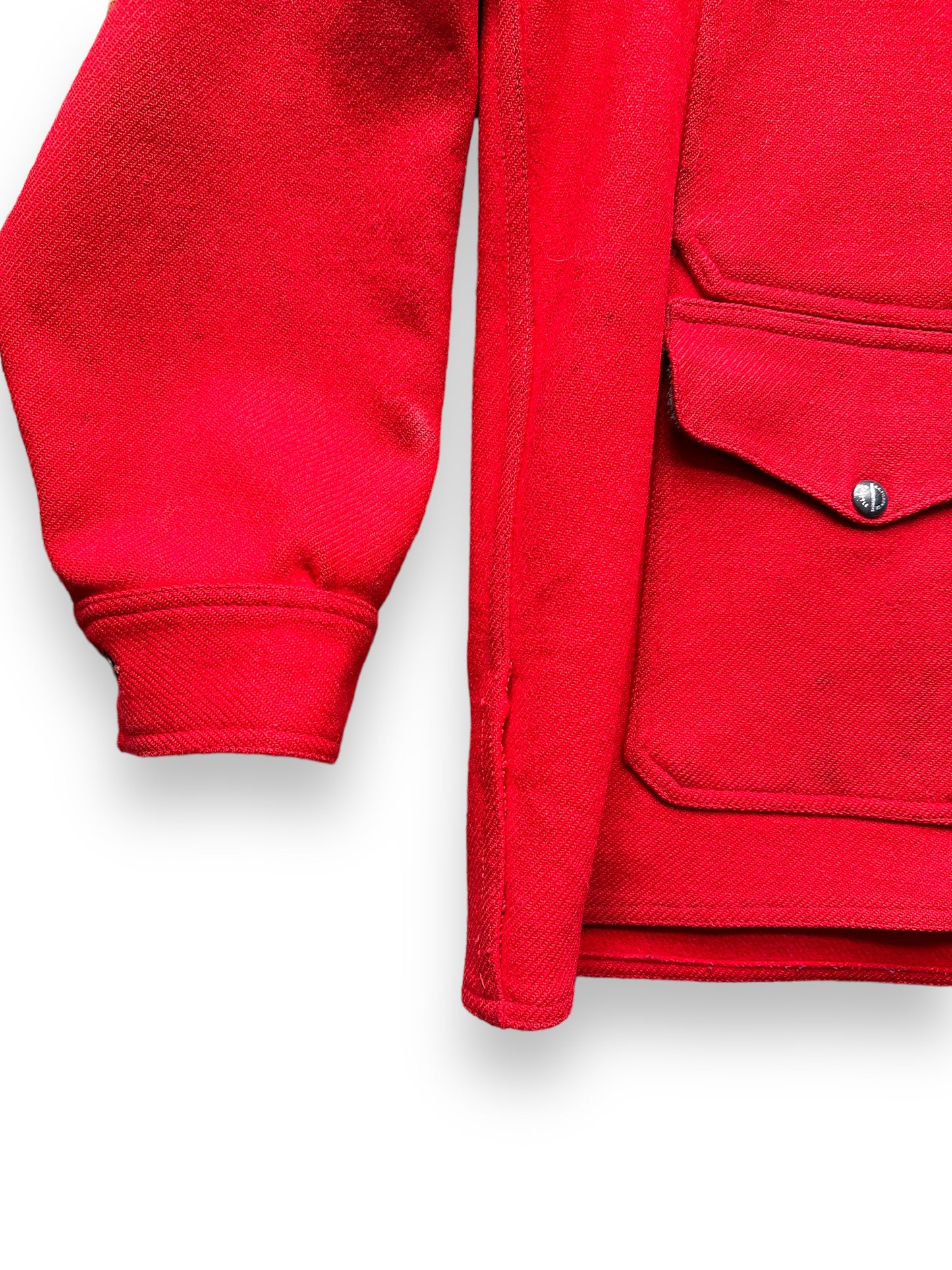 right sleeve of Vintage Union Made Era Filson Scarlet Cruiser Size 44 | Barn Owl Vintage Goods | Vintage Filson Workwear Seattle
