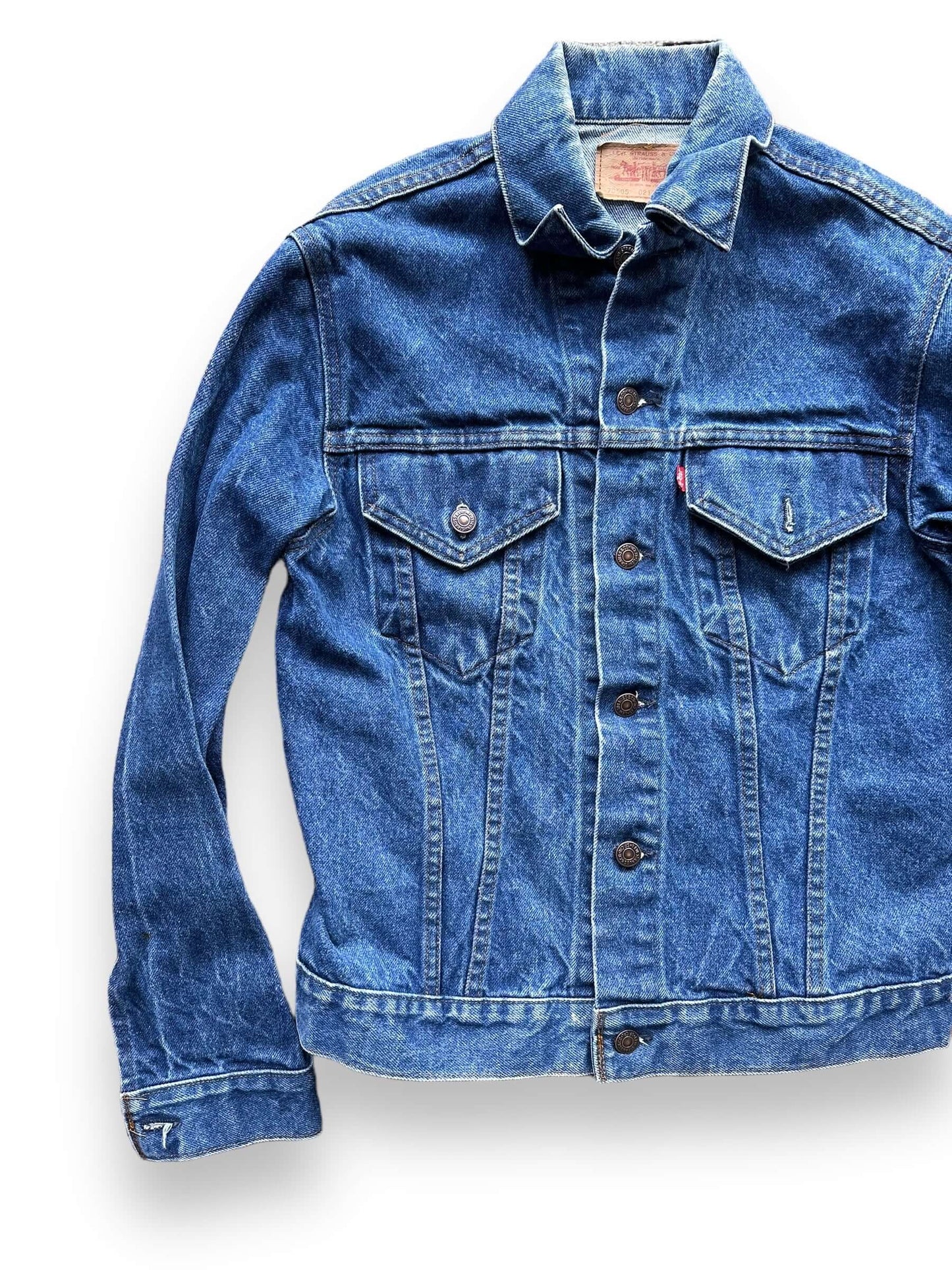 Front Right View of Vintage Dark 2-Pocket Levi's Type III Denim Jacket SZ 38 | Vintage Denim Jacket Seattle | Seattle Vintage Denim