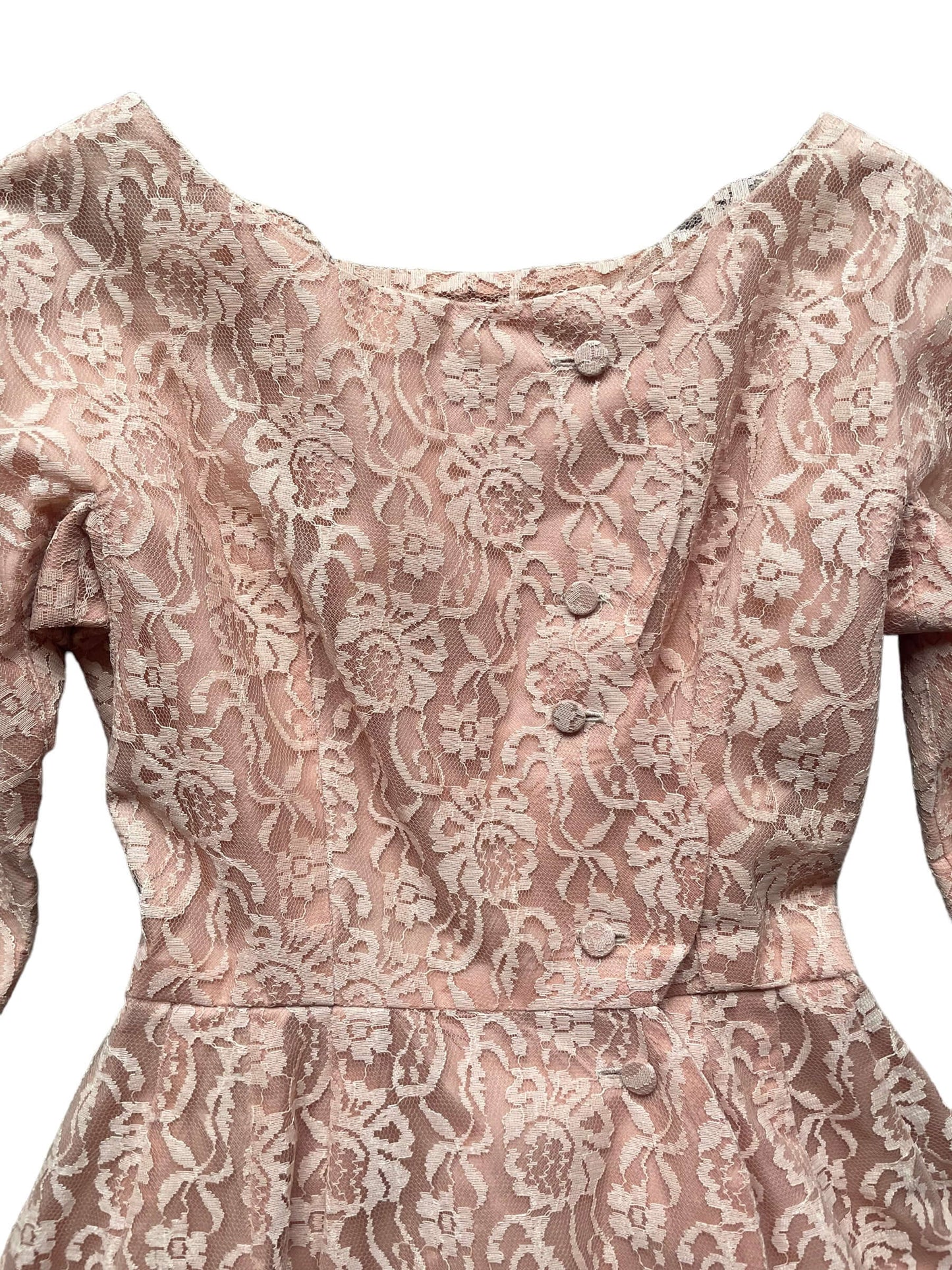 Front chest view of Vintage 1950s Handmade Pink Lace Formal Dress | Barn Owl Vintage Dresses | Seattle Vintage Ladies Clothing