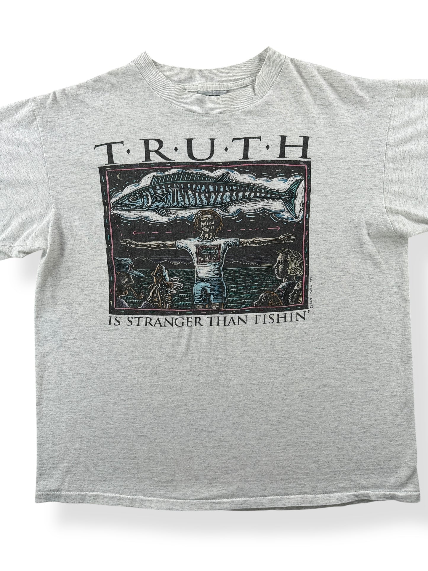 Front Close Up of Vintage Ray Troll Truth is Stranger Tee SZ L