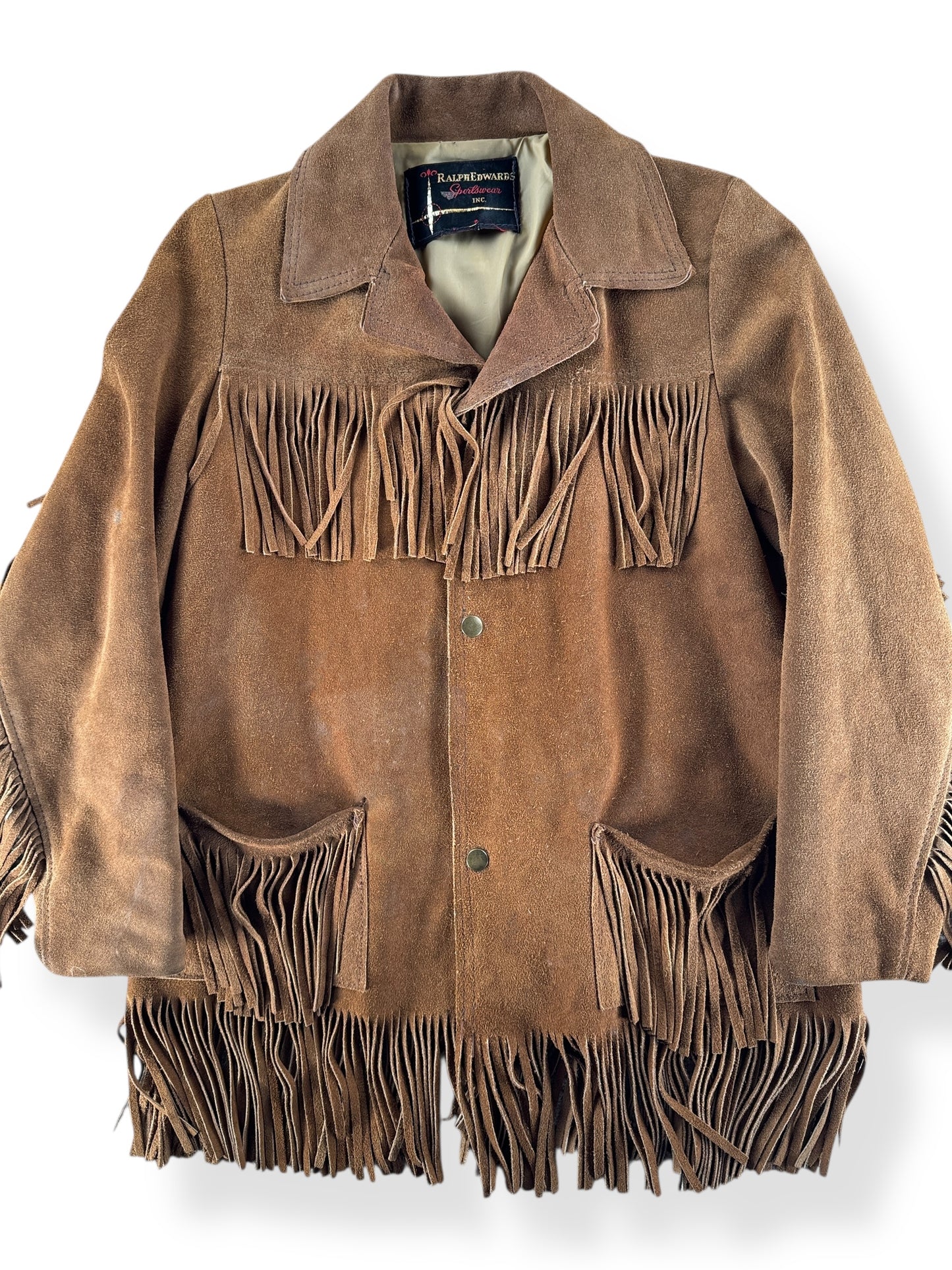 Front Close Up of Vintage Ralph Edwards Sportswear Fringed Suede Jacket SZ S