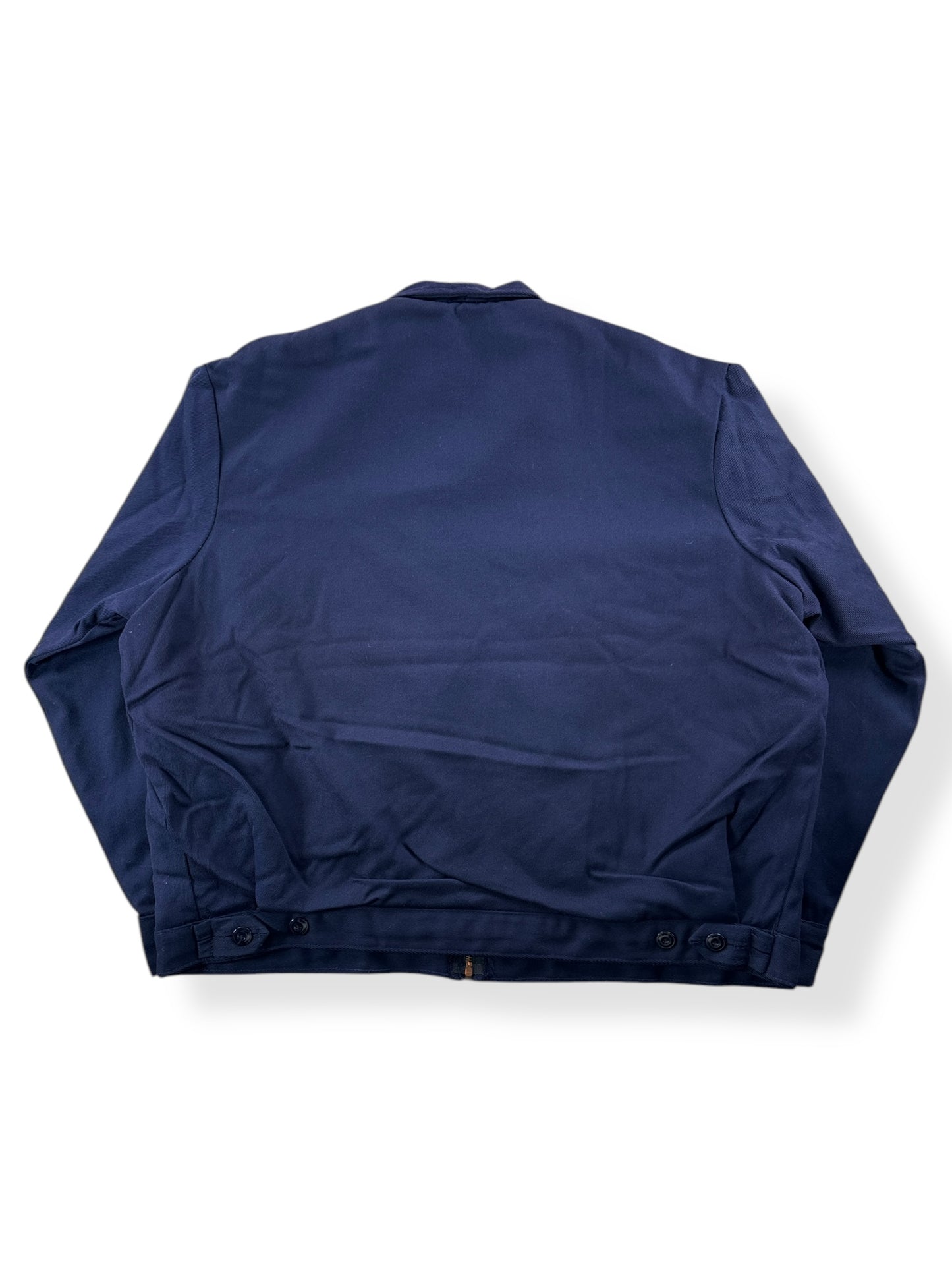 Back of Vintage Blue Quilted Rayon Blend Gas Station Jacket SZ 50