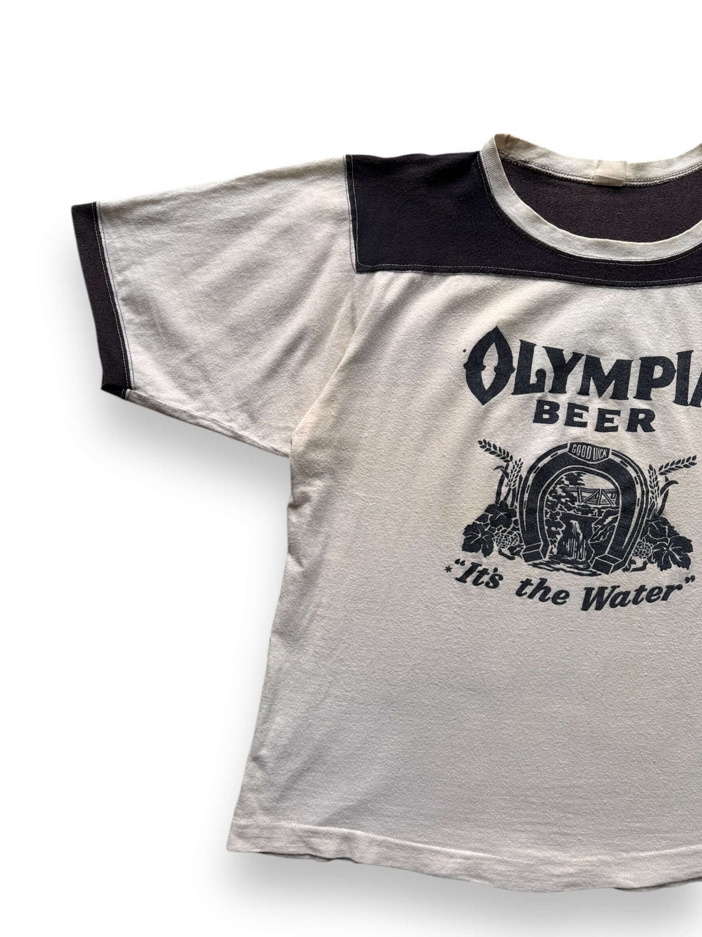 front right of Vintage Olympia Beer "It's The Water" Football Jersey SZ XL