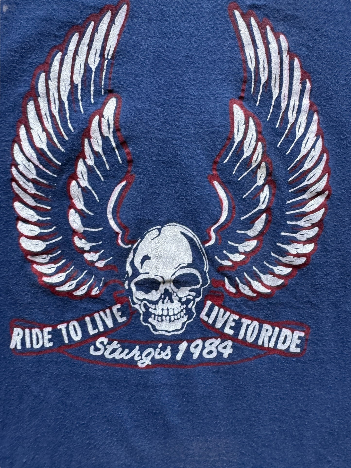 Front Graphic of Vintage 1984 Sturgis Long Sleeve Ride to Live Live to Ride Skull Tee SZ S