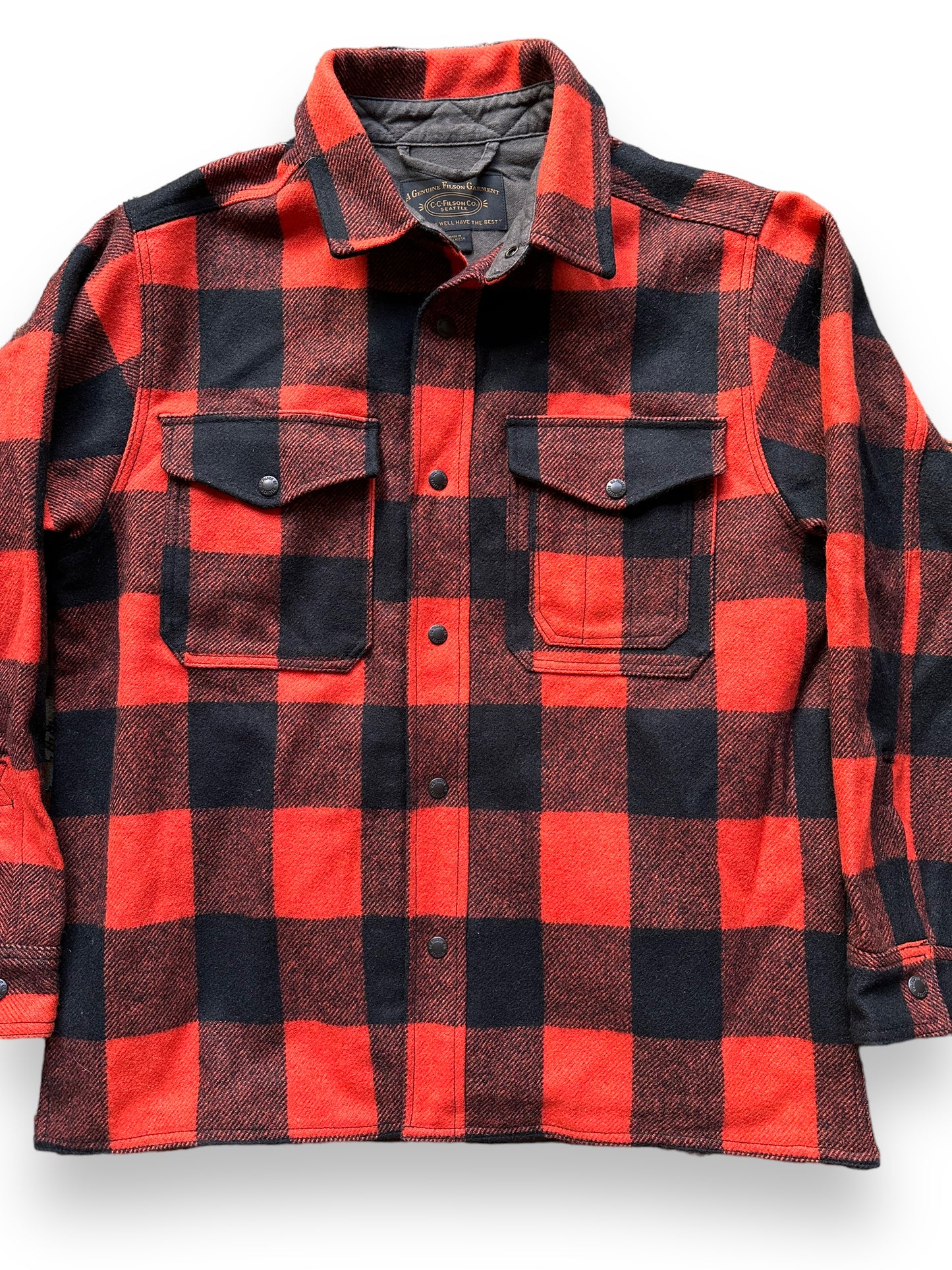 Front Detail on Filson Black Blaze Mackinaw Lined Jac Shirt SZ M | Barn Owl Vintage Goods | Vintage Filson Workwear Seattle