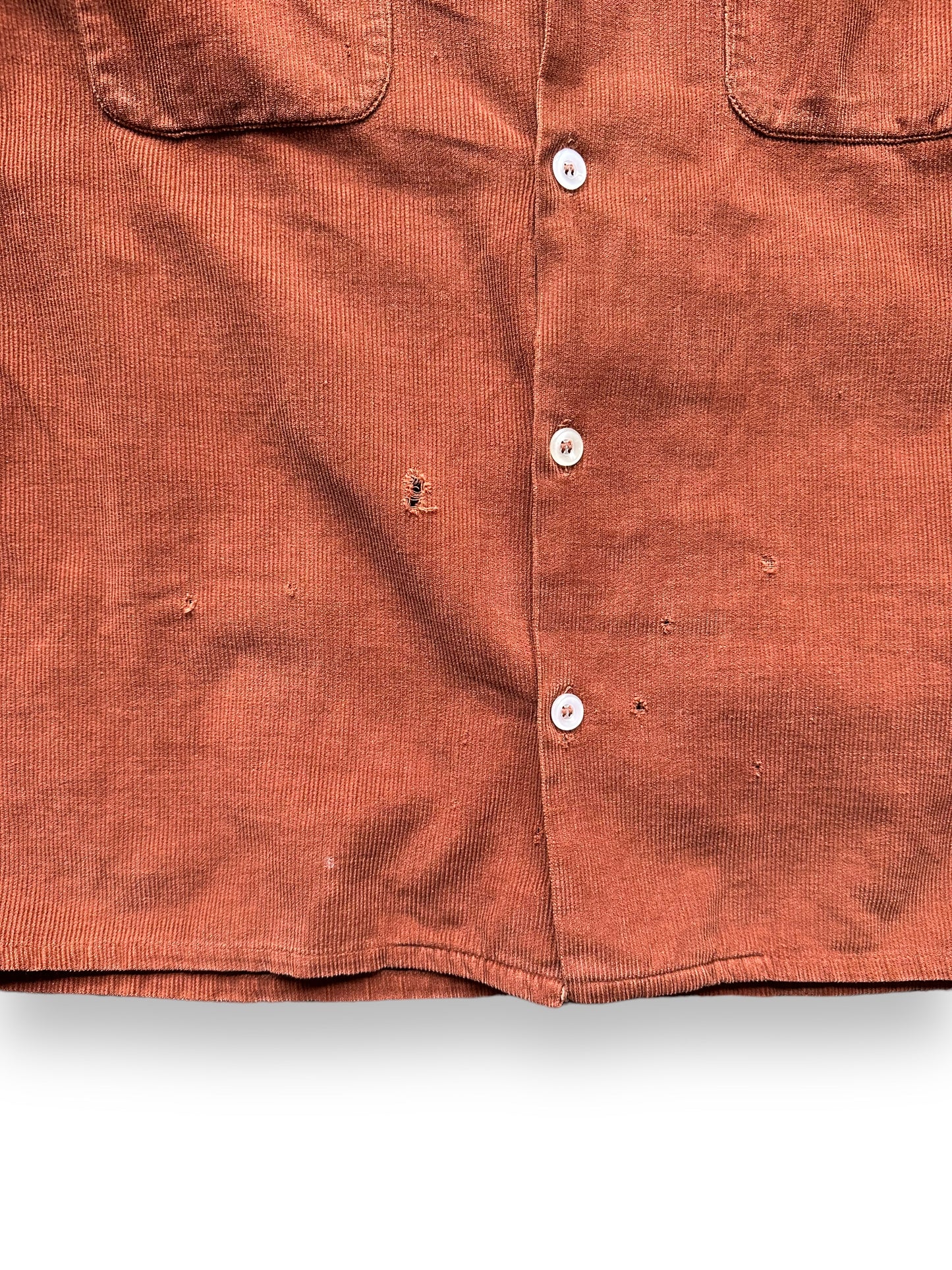 Small Holes on Lower Front of Vintage Rust Colored Corduroy Loop Collar Shirt SZ M | Vintage Loop Collar Shirt Seattle | Barn Owl Vintage Seattle