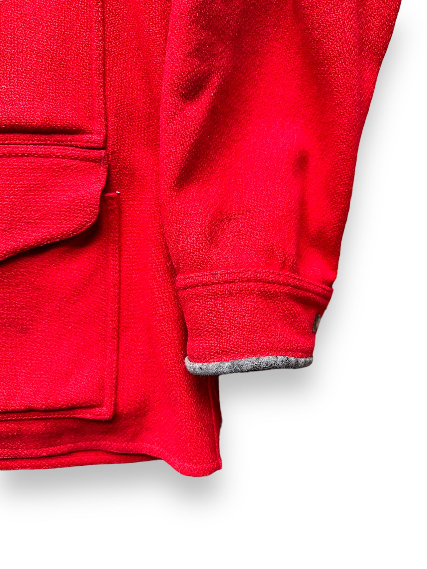 left sleeve of Vintage 60s Era Union Made Filson Scarlet Cruiser Size 44 | Barn Owl Vintage Goods | Vintage Filson Workwear Seattle