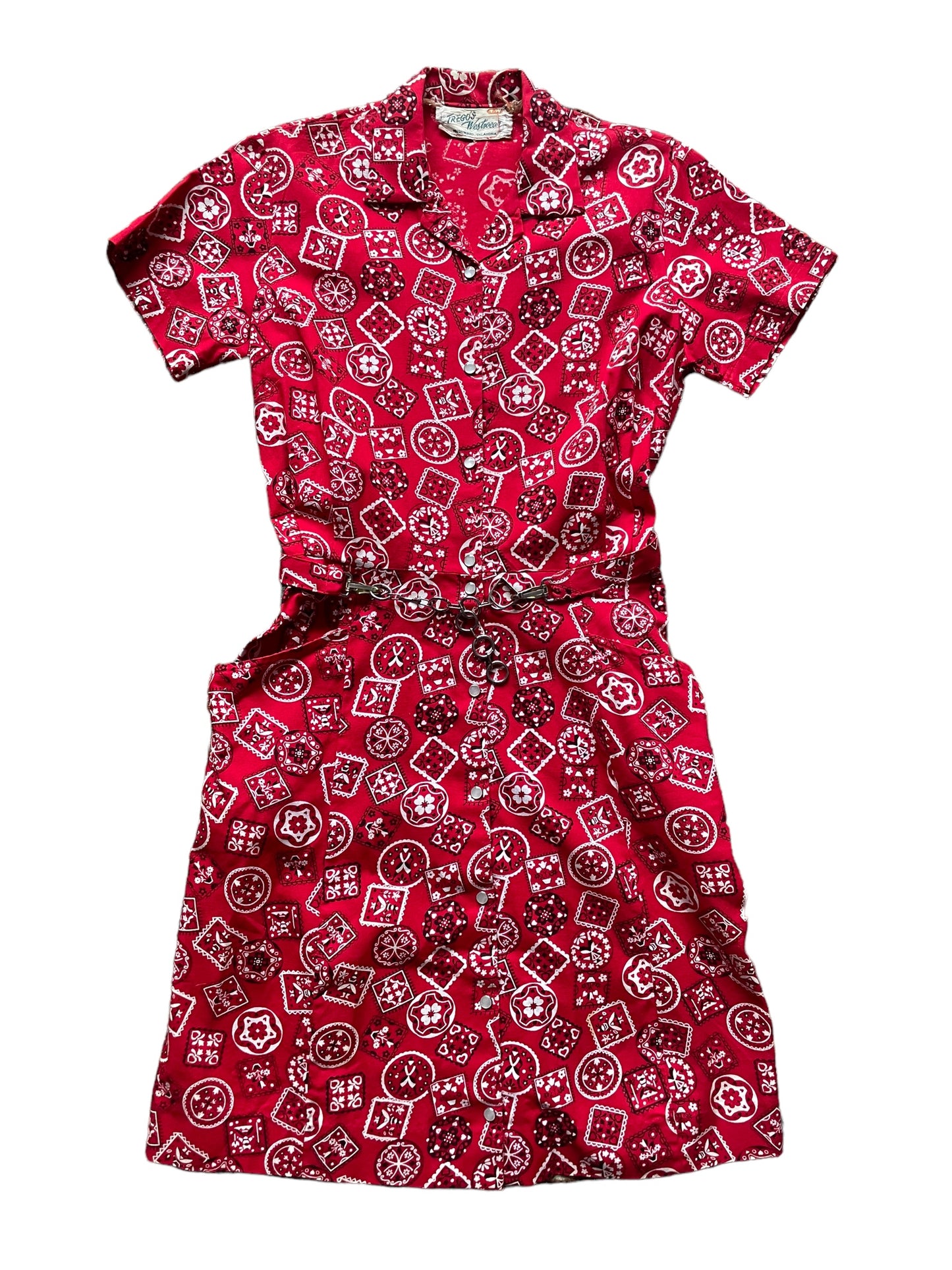 Full front flat lay view of Vintage Tregos Red Bandana Dress SZ S | Barn Owl Vintage Dresses| Seattle Vintage Dresses