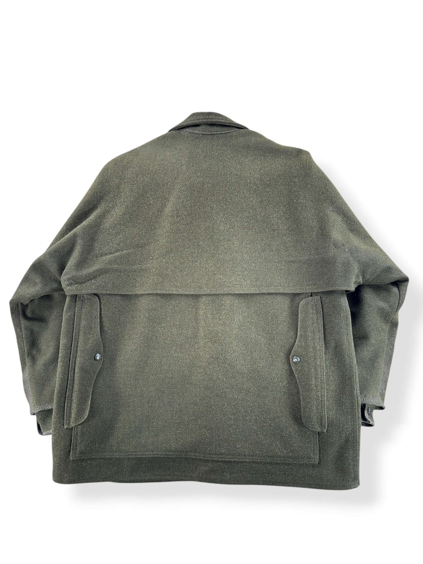 Back of Vintage 90s Era Repaired Filson Olive Green Double Mackinaw Jacket SZ 46