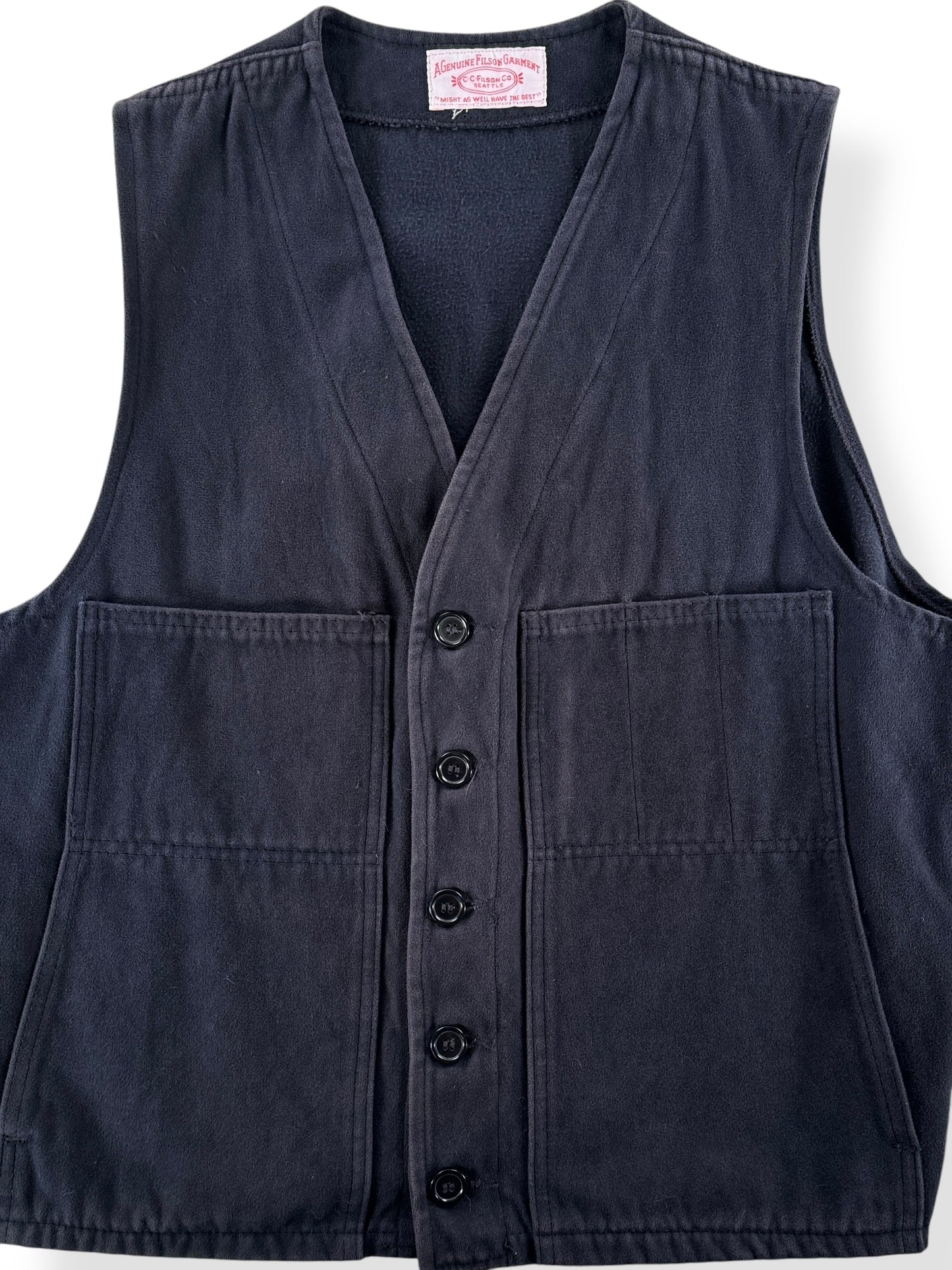 Front Close Up of Modern Black Moleskin Filson Vest SZ L