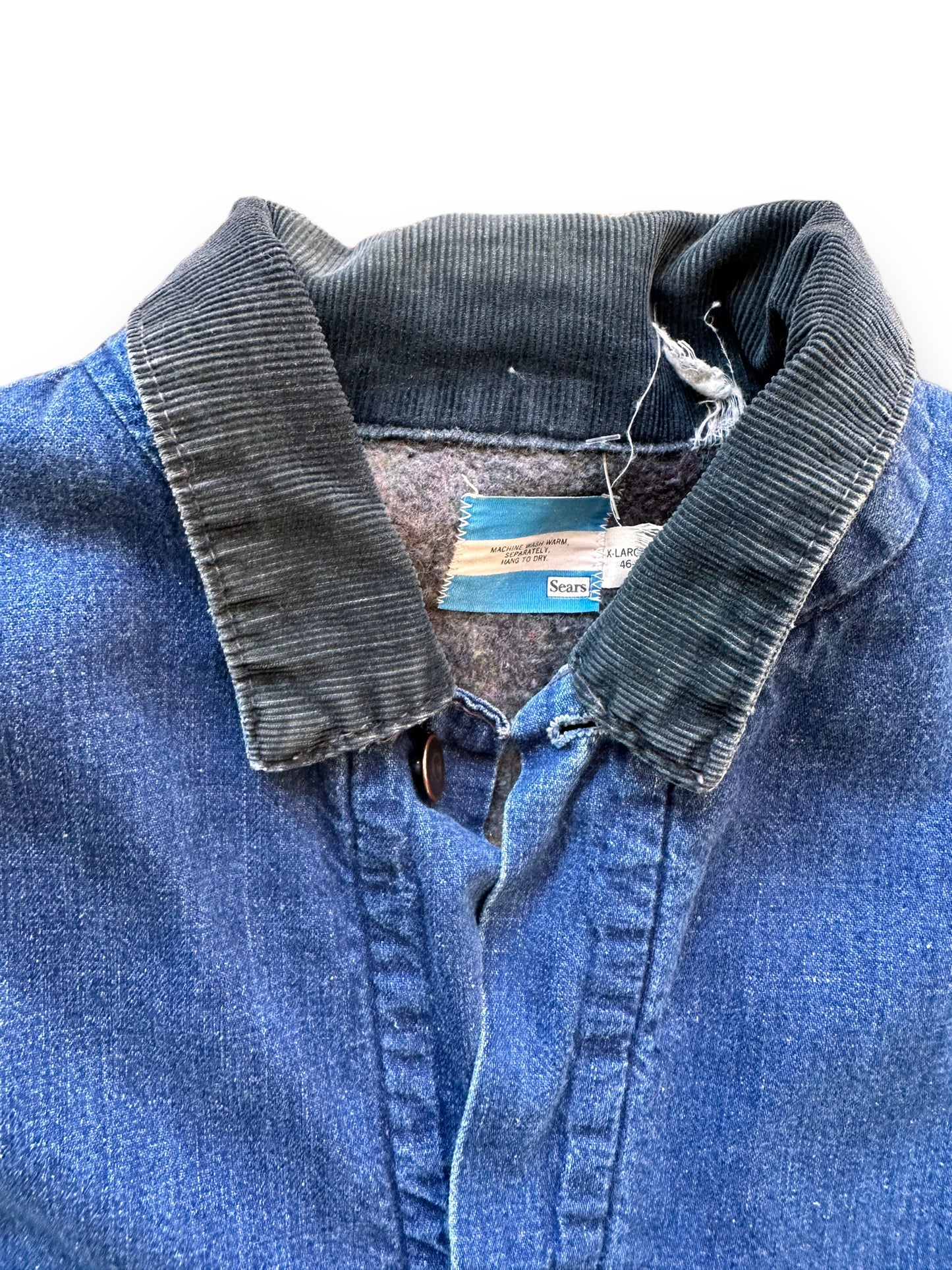 Tag View of Vintage Sears Blanket Lined Denim Chore Coat SZ XL | Vintage Denim Chore Coat | Barn Owl Vintage Seattle