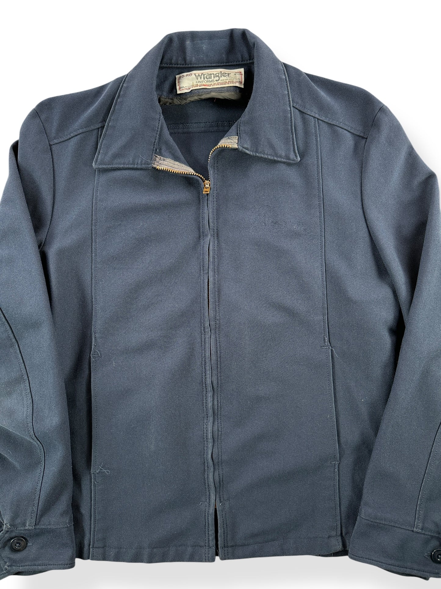 Front Close Up of Vintage Blue Wrangler Gas Station Jacket SZ 40