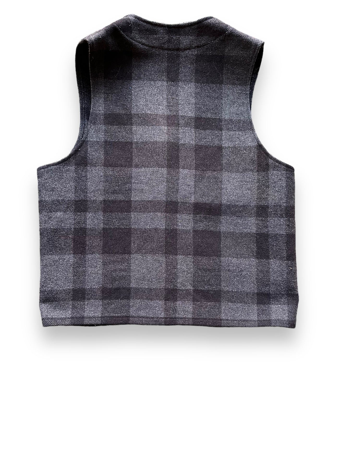 Rear View of Vintage Sun Faded Filson Charcoal & Black Mackinaw Vest SZ 40 | Vintage Filson Workwear Seattle | Barn Owl Vintage Clothing Seattle