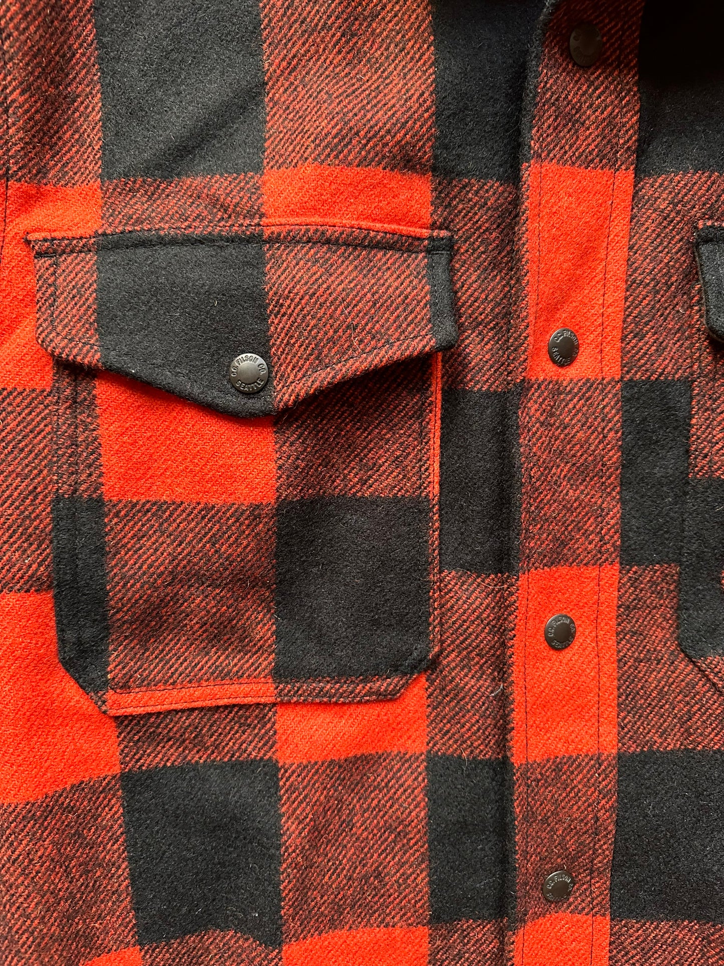 Front Pocket View of Filson Black Blaze Mackinaw Lined Jac Shirt SZ M | Barn Owl Vintage Goods | Vintage Filson Workwear Seattle