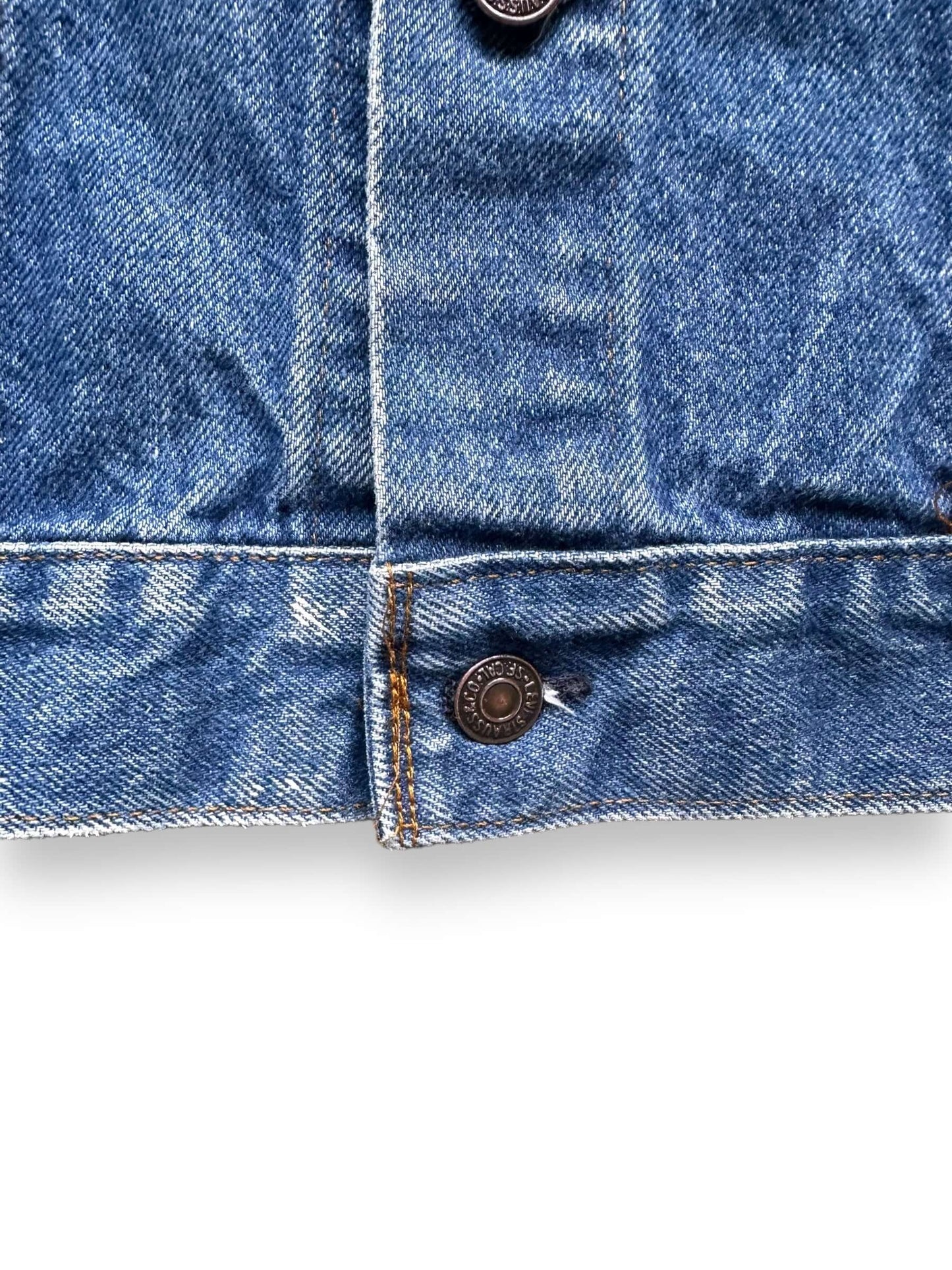 Double Stitching on Lower Clasp on Vintage Dark 2-Pocket Levi's Type III Denim Jacket SZ 38 | Vintage Denim Jacket Seattle | Seattle Vintage Denim