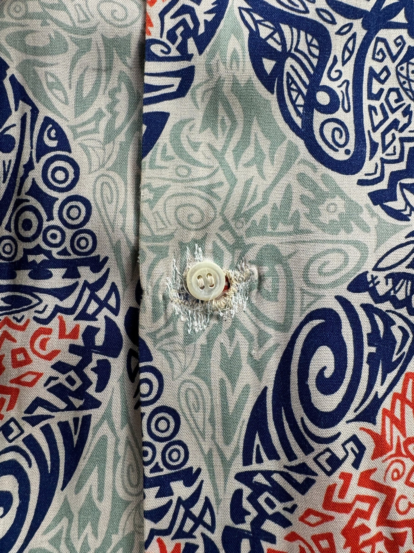 Repaired Buttonhole on Vintage Repaired Arrow Sanforset Rayon Aloha Shirt SZ L