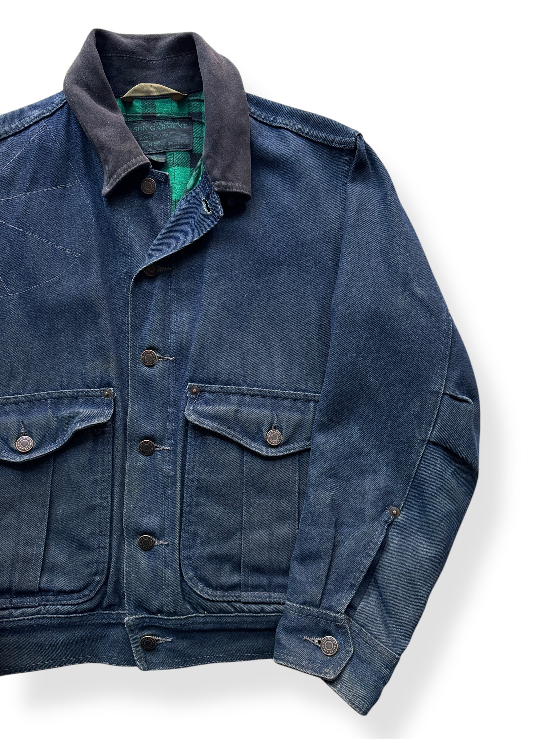 Front Left of Filson Black Label Belltown Waxed Denim Jacket SZ XS