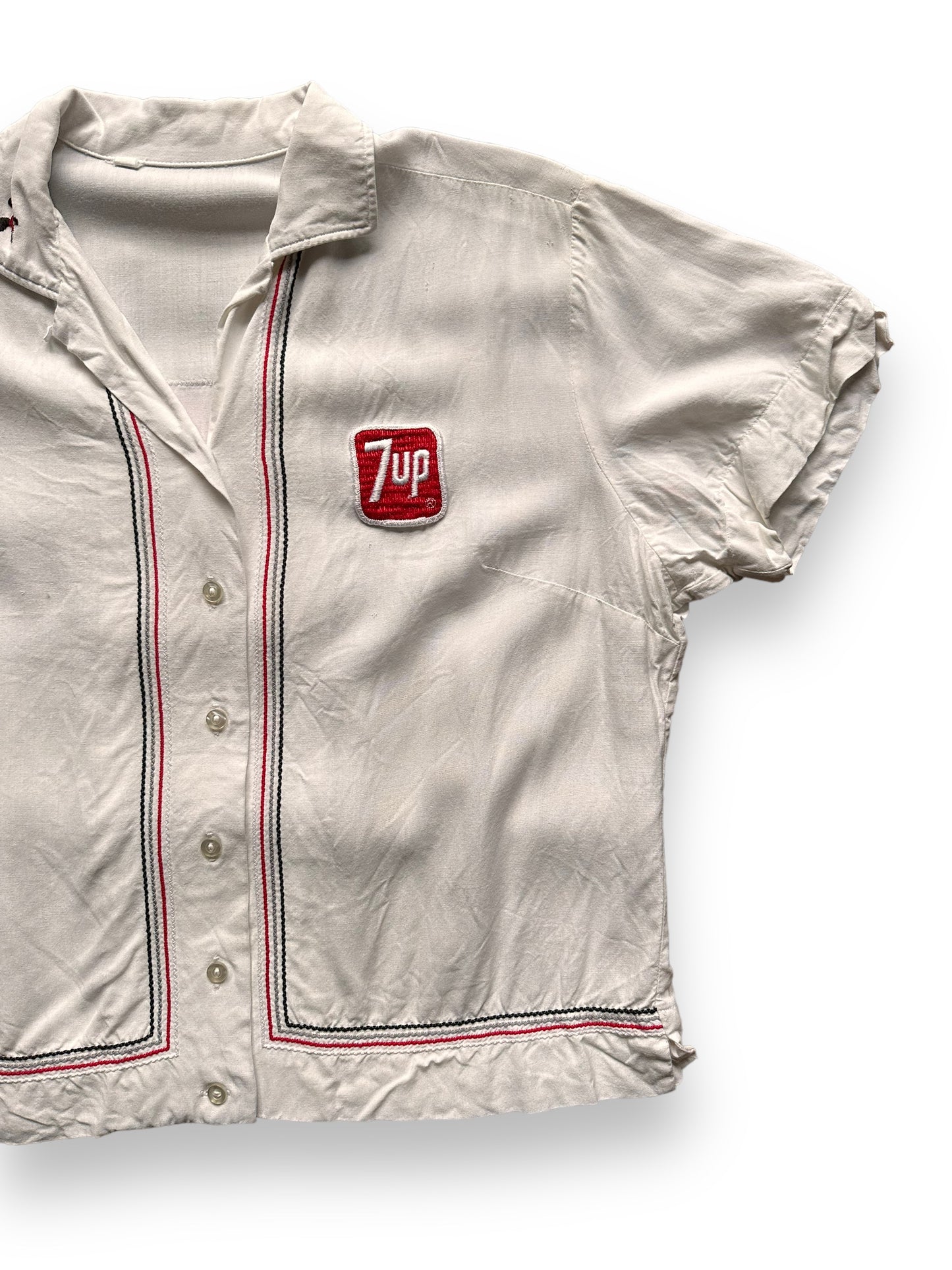front left of Vintage 7UP Ladies Delivery Driver Shirt SZ M | Vintage Bowling Shirt Seattle | Barn Owl Vintage Seattle