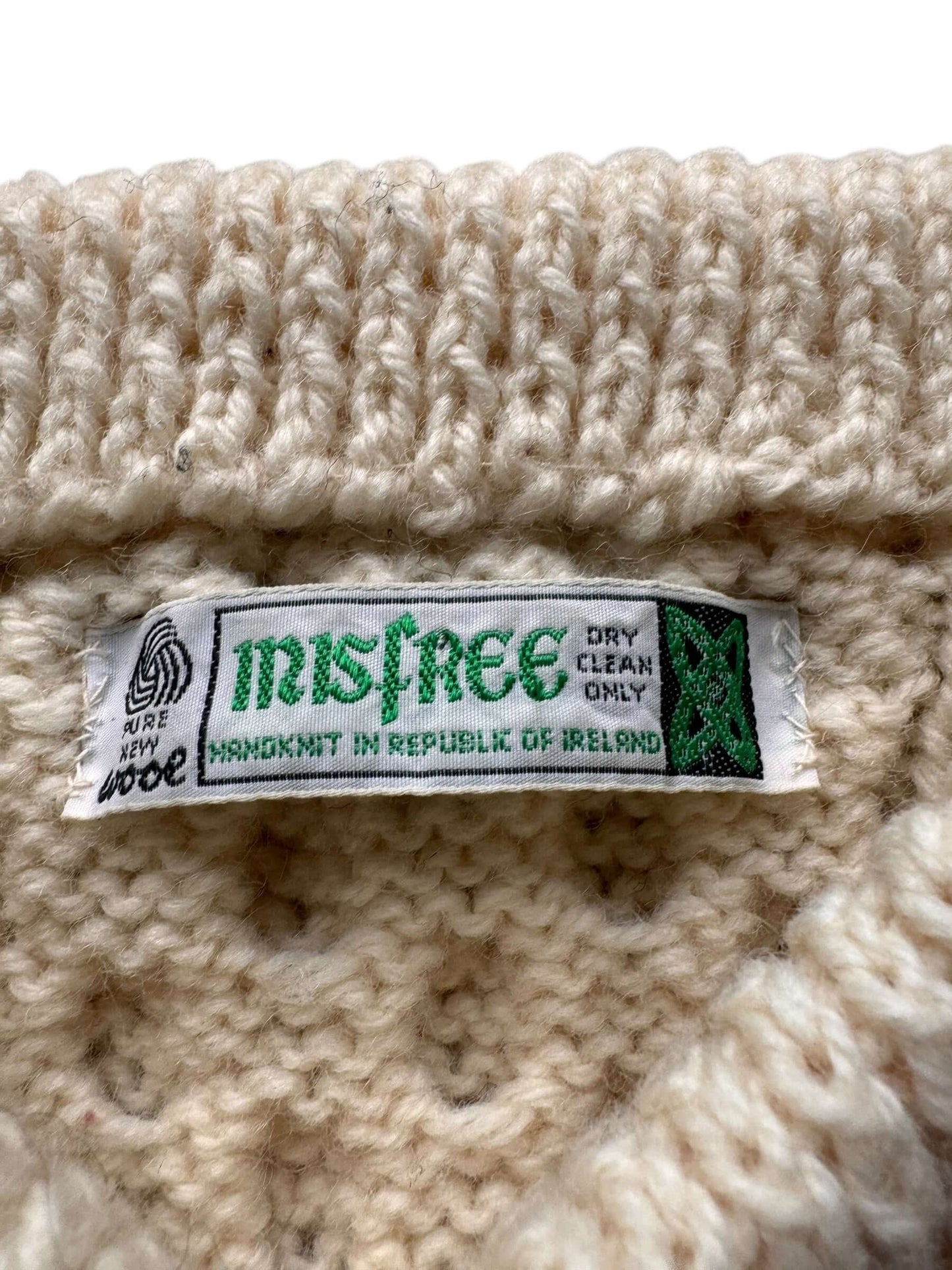 Tag of Vintage Irisfree Cream Irish Cable Knit Fishermans Sweater SZ XL