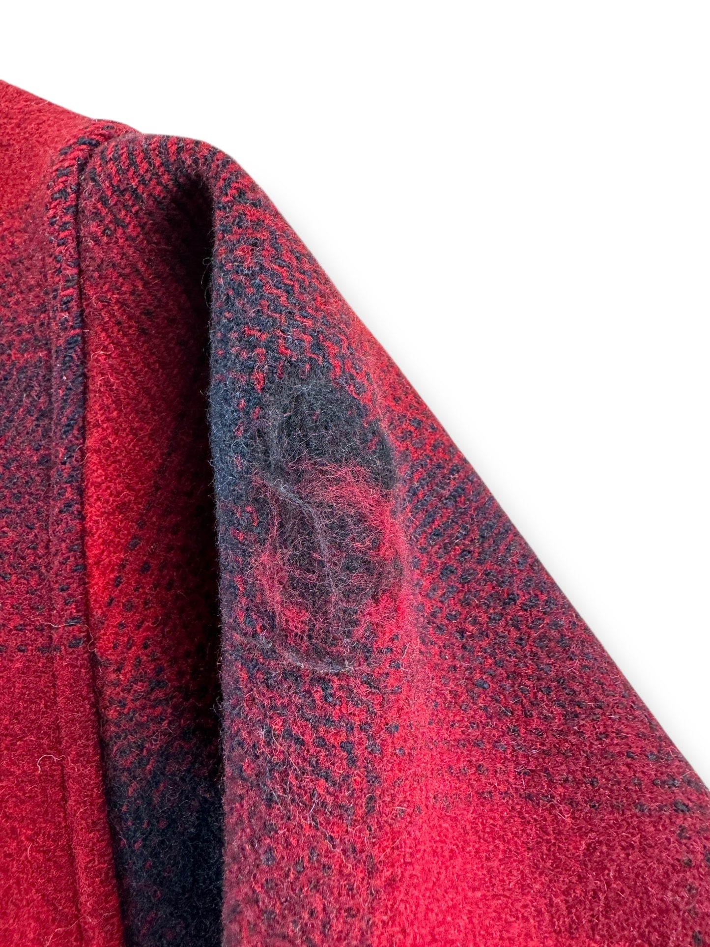 Distressing on Vintage Pendleton Red & Black Shadow Plaid Mackinaw Jacket SZ L AS IS