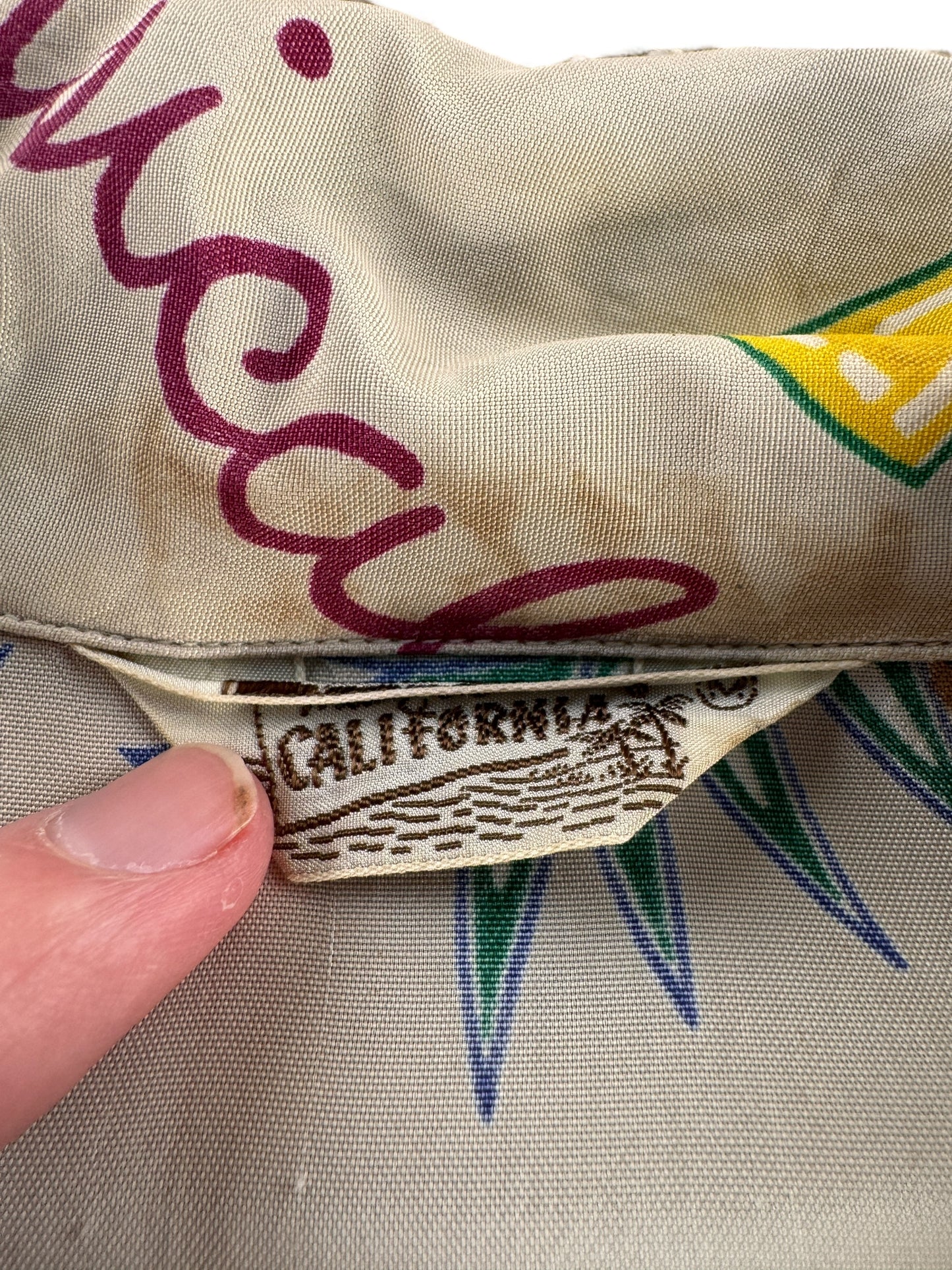 Tag on Vintage 50s Rayon Hawaiian Loop Collar Shirt SZ L