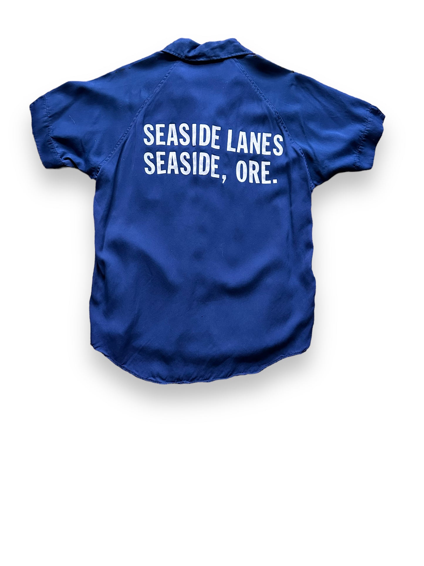 back of Vintage Seaside Lanes Oregon Mens Rayon Bowling Shirt SZ M | Vintage Bowling Shirt Seattle | Barn Owl Vintage Seattle