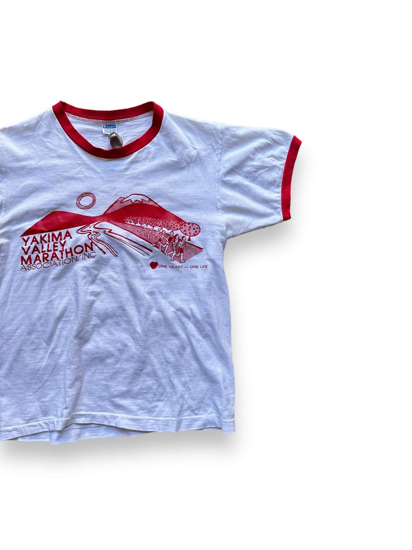 Front Left View of Vintage Yakima Valley Half Marathon Champion Blue Bar Tee SZ M | Vintage Champion Ringer Tee Seattle | Barn Owl Vintage
