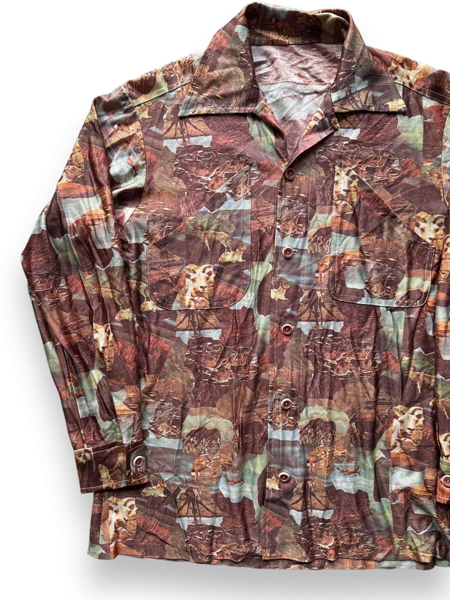 Front Right of Vintage Safari Themed Disco Shirt SZ L