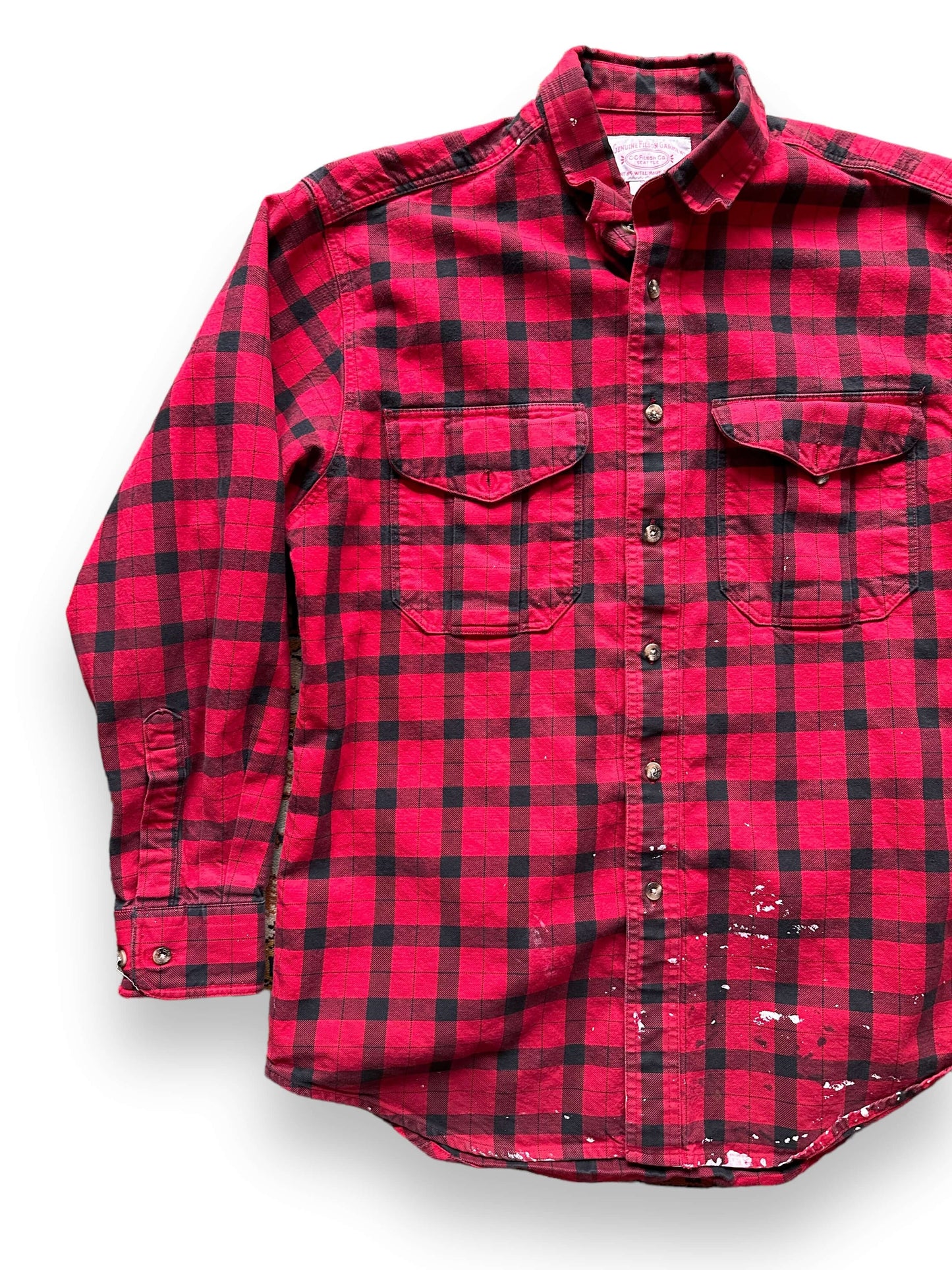 Front Right View of Paint Splattered Filson Black and Red Guide Shirt SZ M | Barn Owl Vintage Goods | Vintage Filson Workwear Seattle