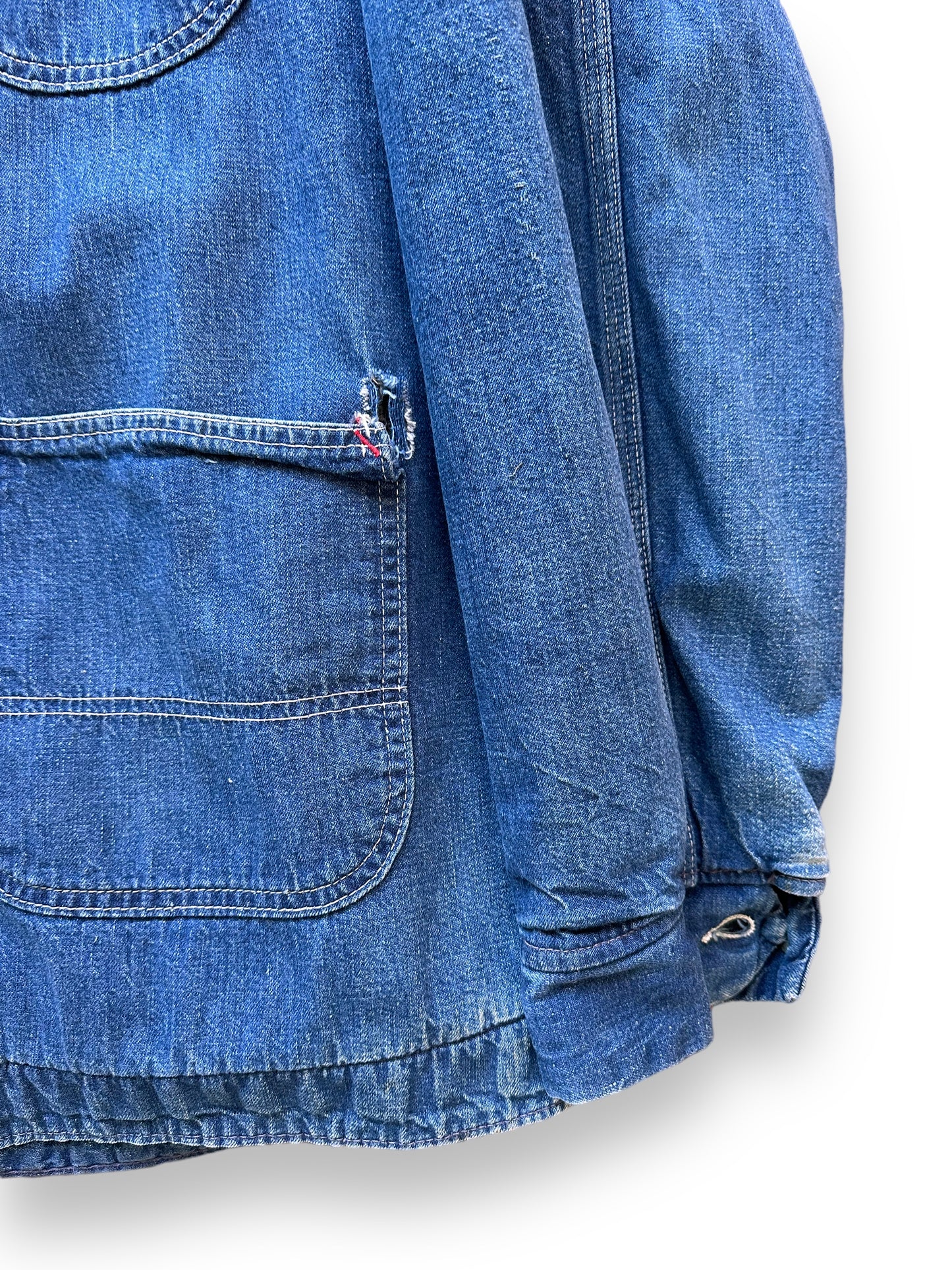 Small Hole on Lower Left Pocket on Vintage Sears Blanket Lined Denim Chore Coat SZ XL | Vintage Denim Chore Coat | Barn Owl Vintage Seattle