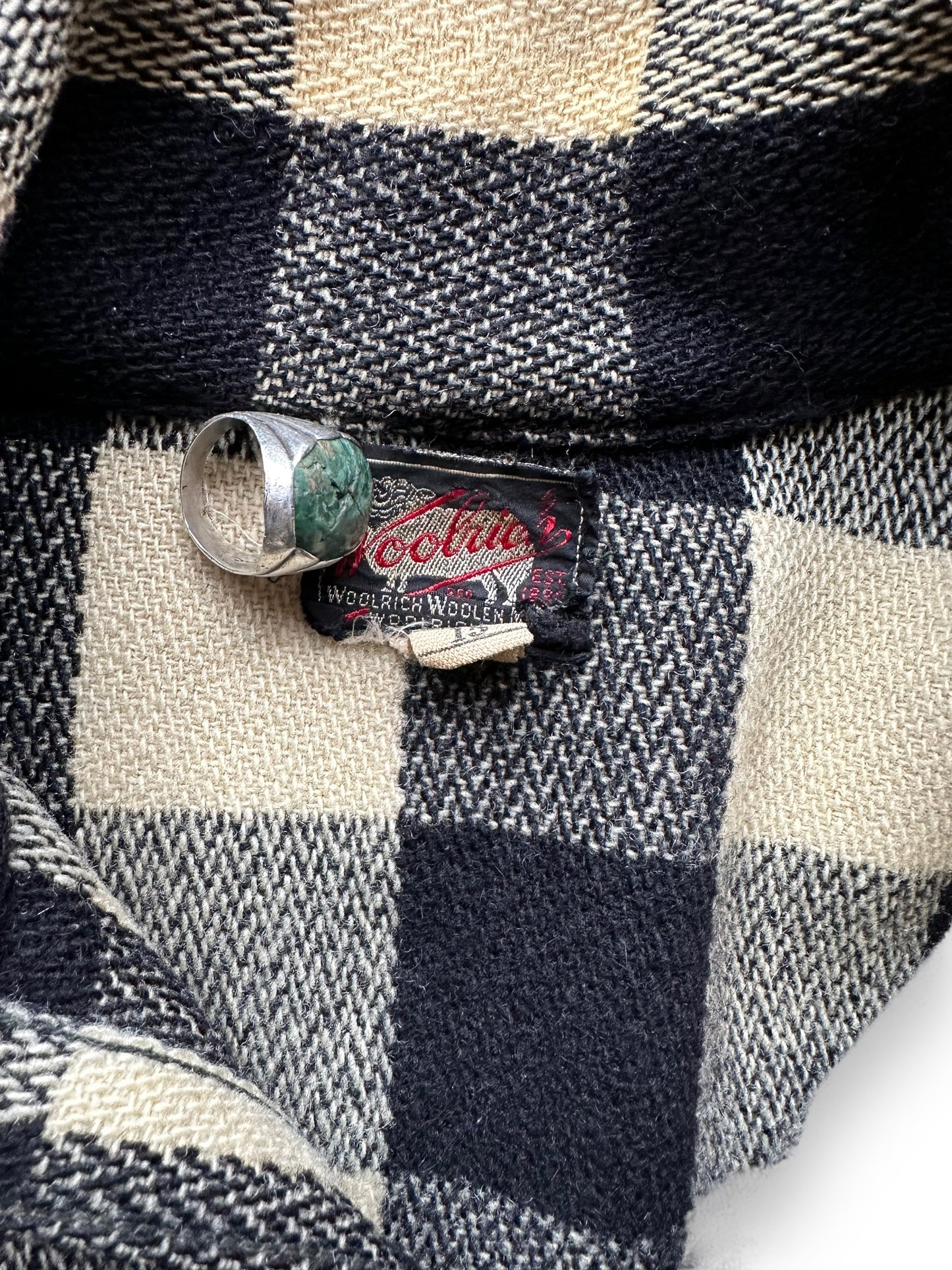 Tag View of Vintage 1930-40s Era Woolrich Black & White Wool Jacket SZ L | Barn Owl Vintage Goods | Vintage Workwear Seattle