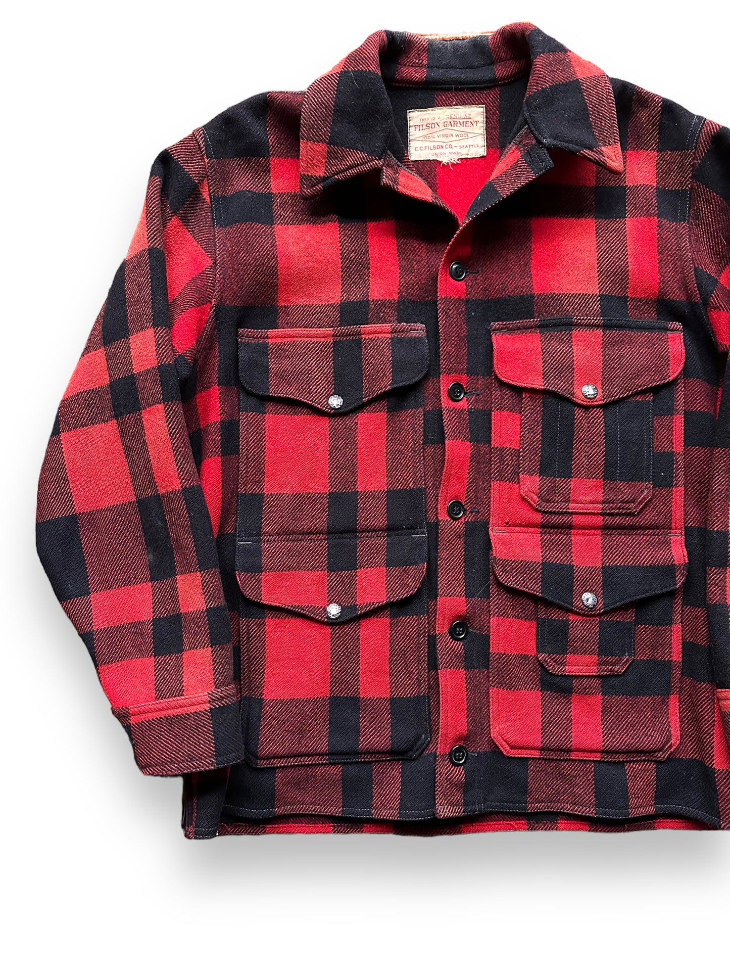 Front Right View of Vintage Sun Faded Union Made Filson Red and Black Mackinaw Cruiser SZ 44 | Vintage Filson Mackinaw | Vintage Filson Workwear Seattle
