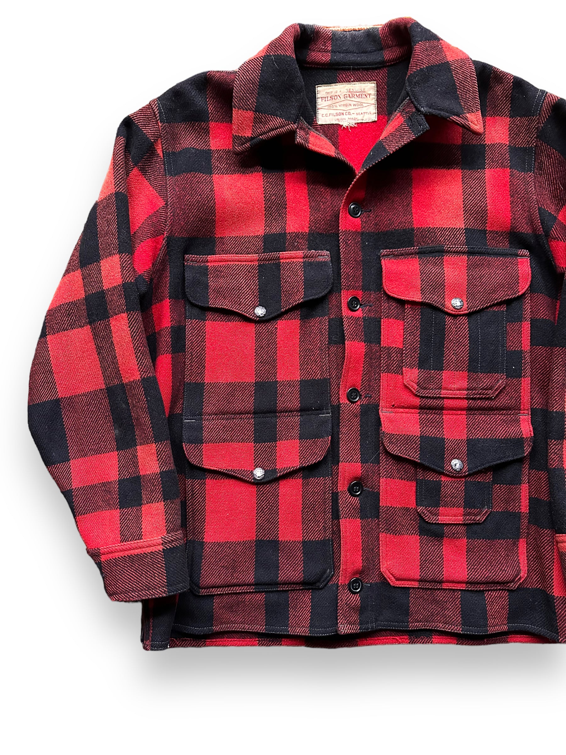 Front Right View of Vintage Sun Faded Union Made Filson  Red and Black Mackinaw Cruiser SZ 44 |  Vintage Filson Mackinaw | Vintage Filson Workwear Seattle