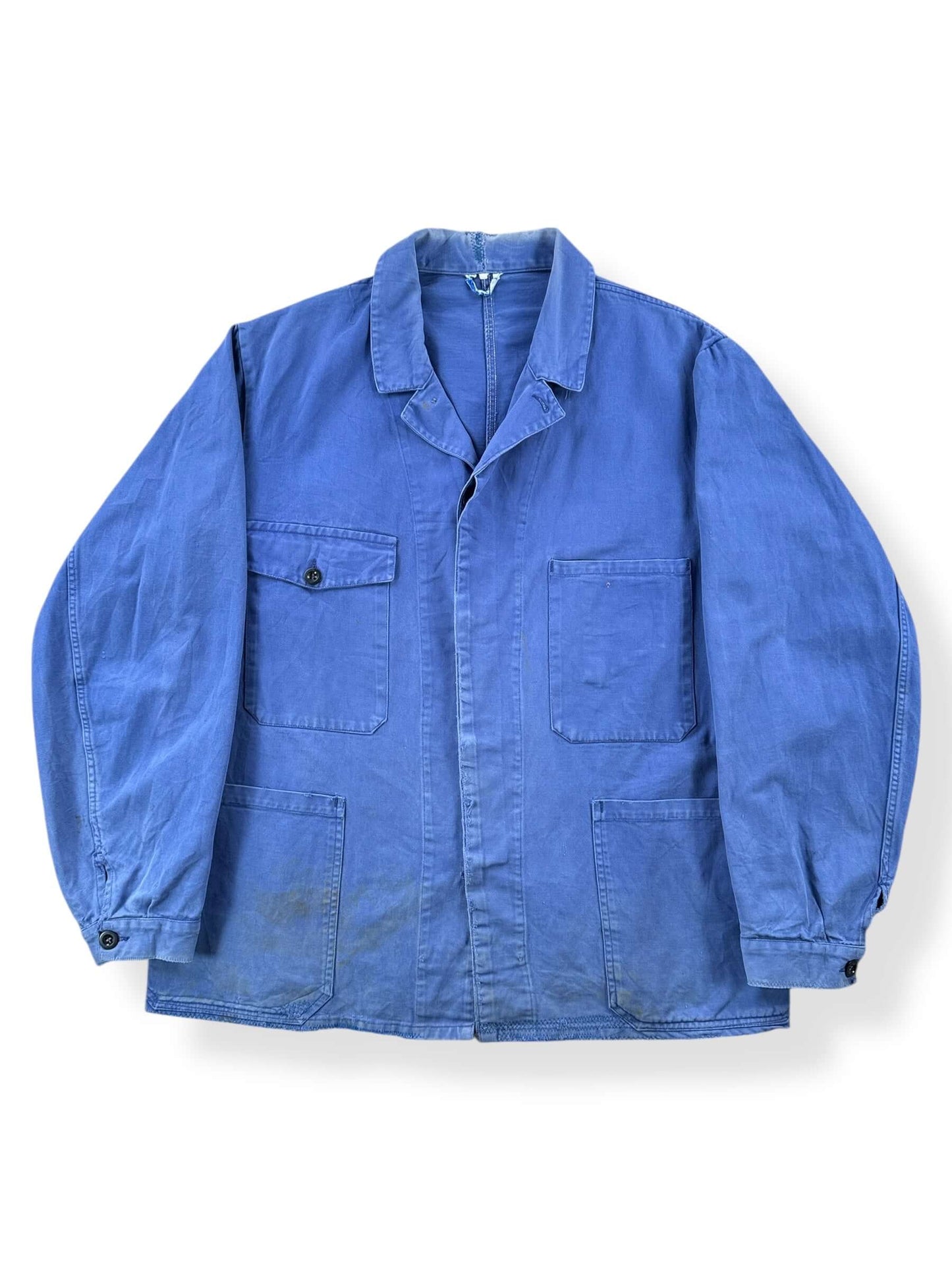 Front of Vintage Repaired and Faded French Chore Coat SZ L