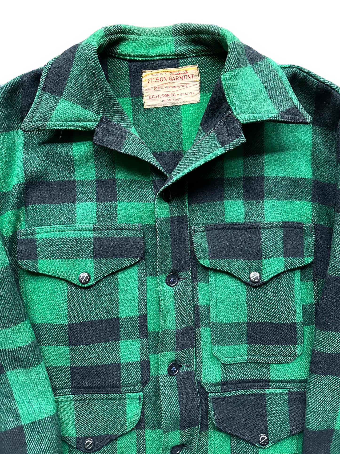 Upper Front View of Vintage Union Made Filson Green & Black Mackinaw Coat SZ 44 | Vintage Filson Workwear Seattle | Vintage Clothing Seattle
