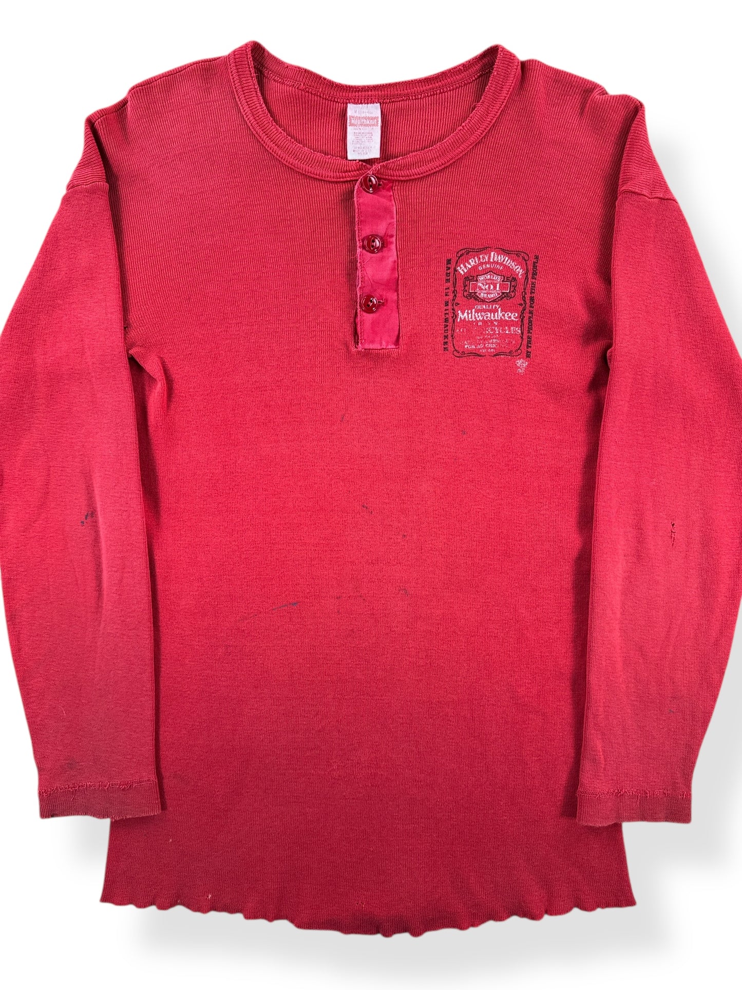 Front Close Up of Vintage Downtown Seattle Harley Davidson Red Henley Shirt SZ S