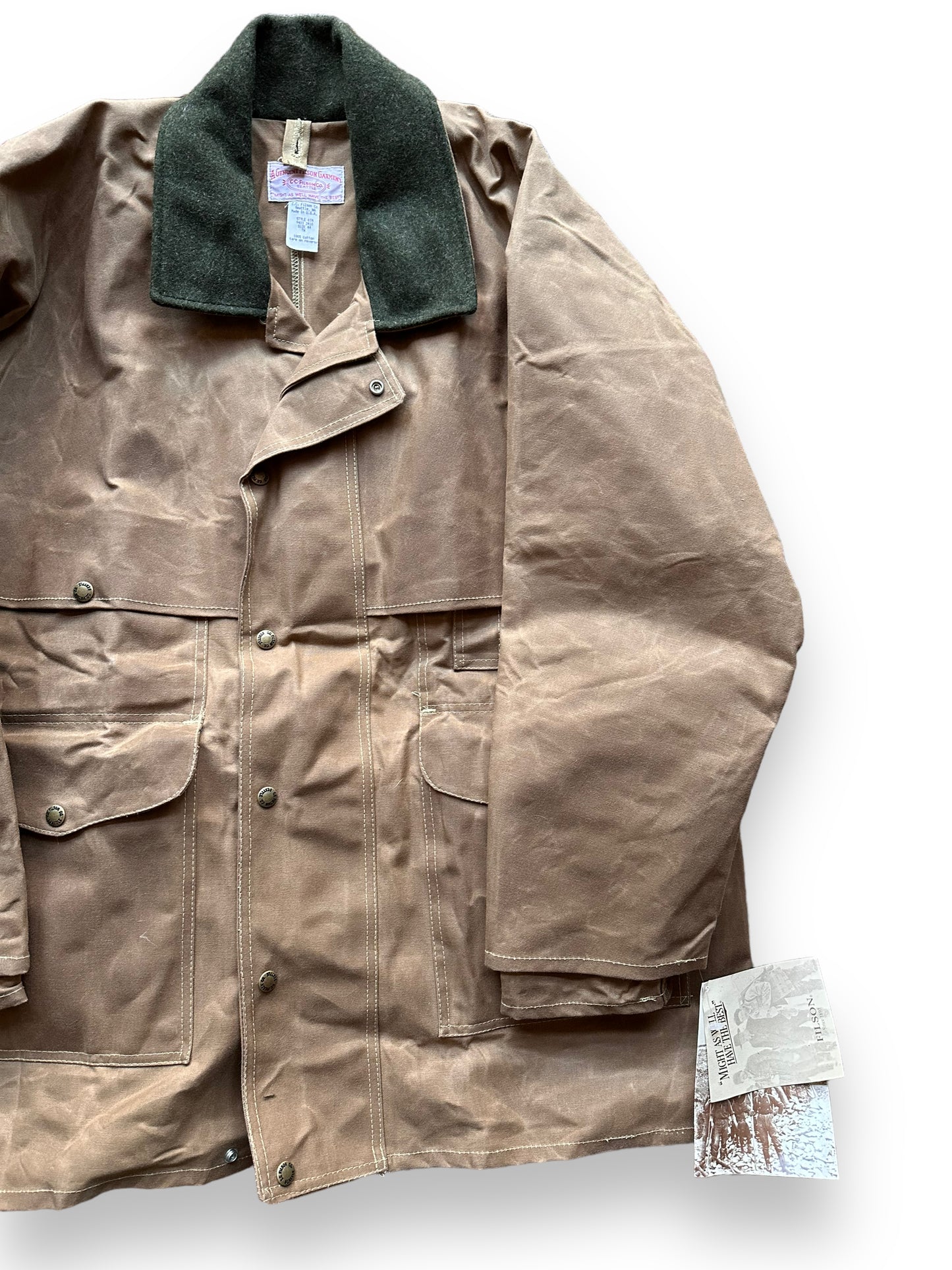 Front Left View of Vintage NOS Filson Tin Cloth Packer Coat SZ 44 | Barn Owl Vintage Goods Filson | Vintage Filson Workwear Seattle