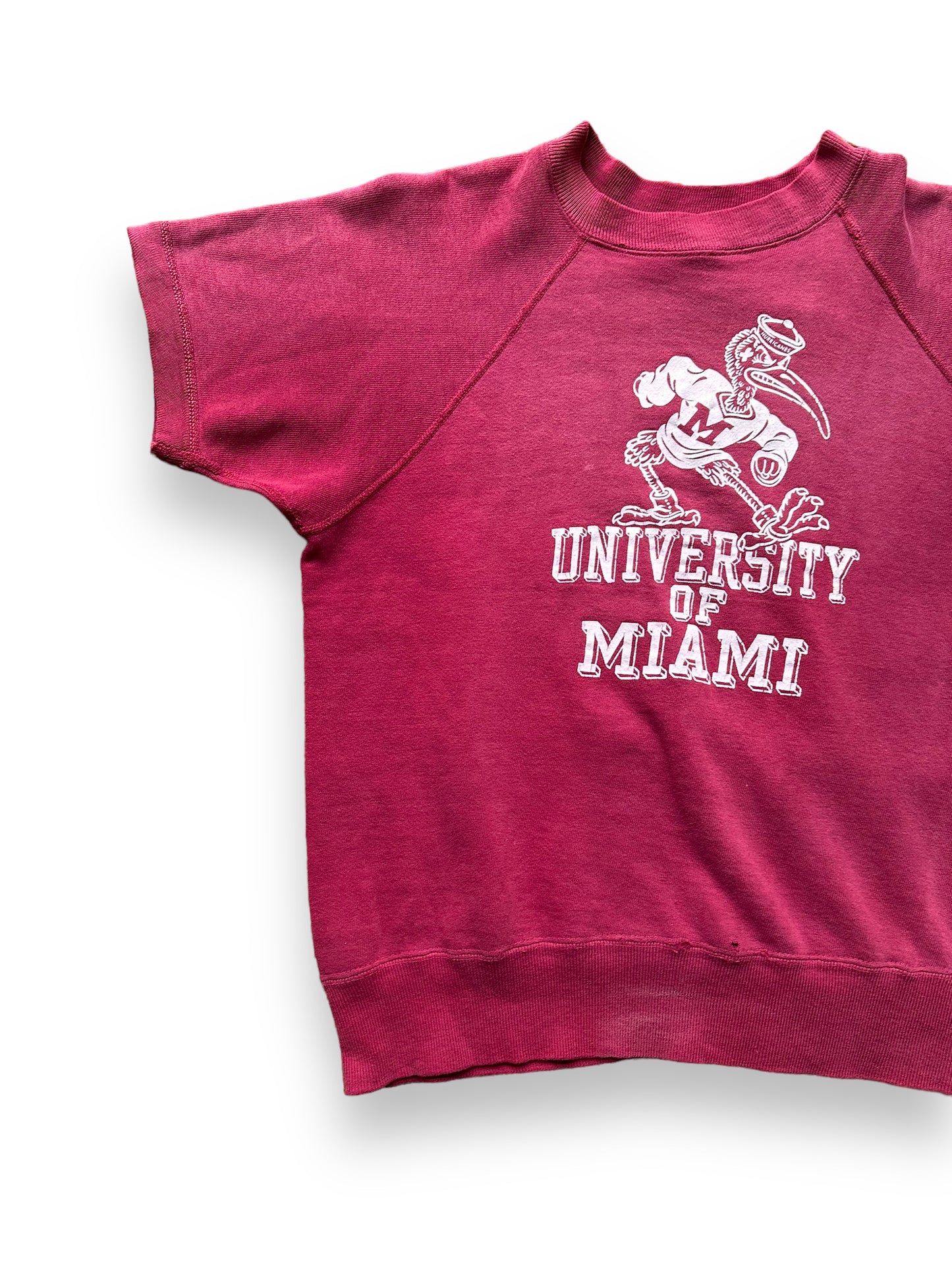 Front Right View of Vintage Two-Sided University of Miami Short Sleeve Crewneck Sweatshirt SZ M | Seattle Vintage Crewneck Sweatshirts | Barn Owl Vintage Seattle