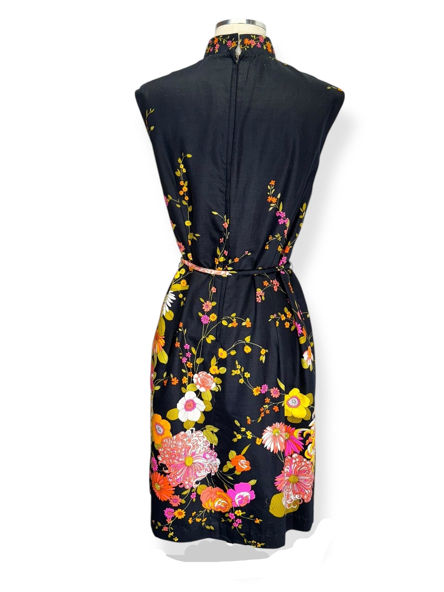 Back 1960s Black Floral Dress L