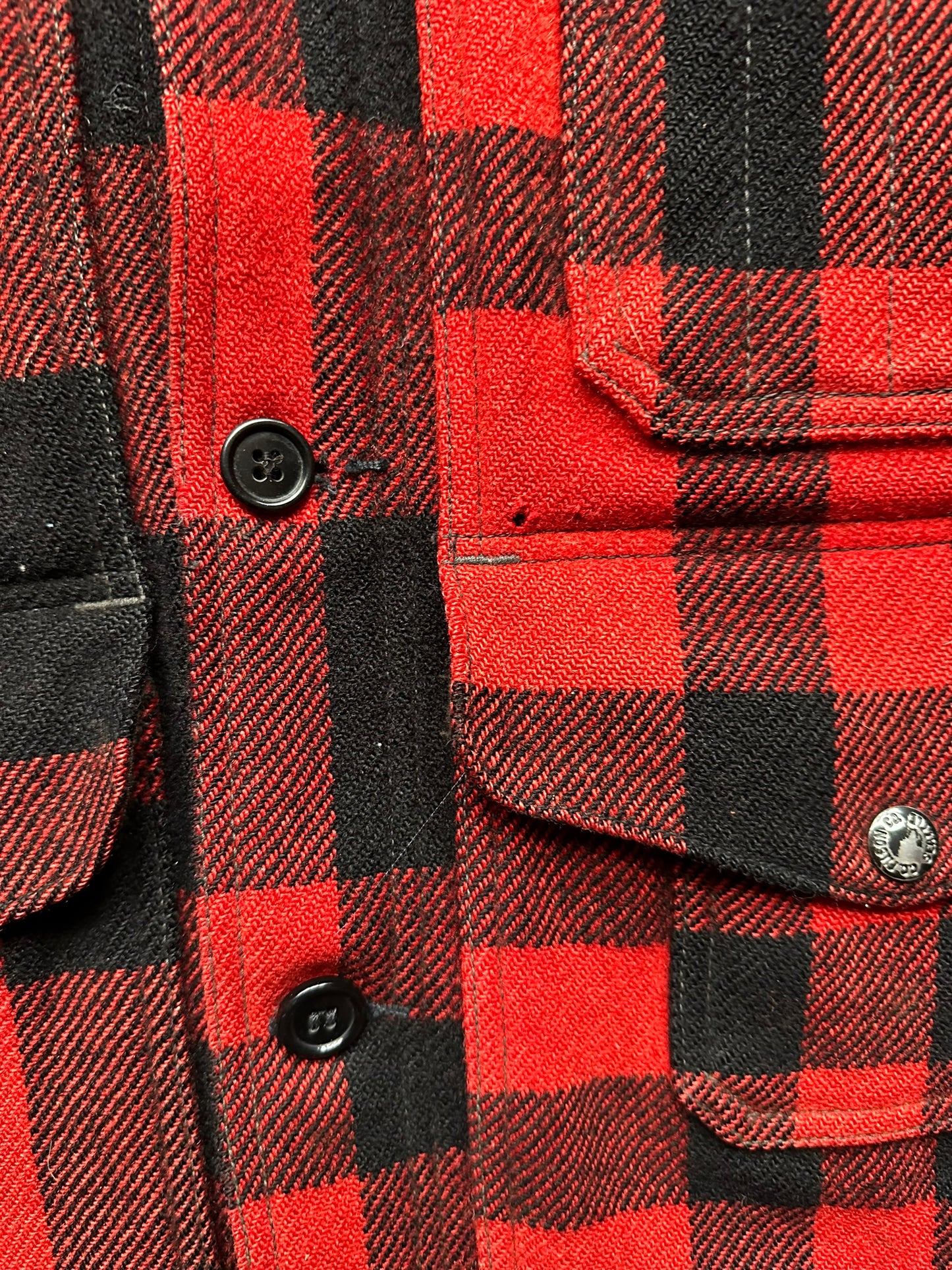 Small Moth Nibble on Left Upper Chest View on Vintage Sun Faded Union Made Filson Red and Black Mackinaw Cruiser SZ 44 | Vintage Filson Mackinaw | Vintage Filson Workwear Seattle