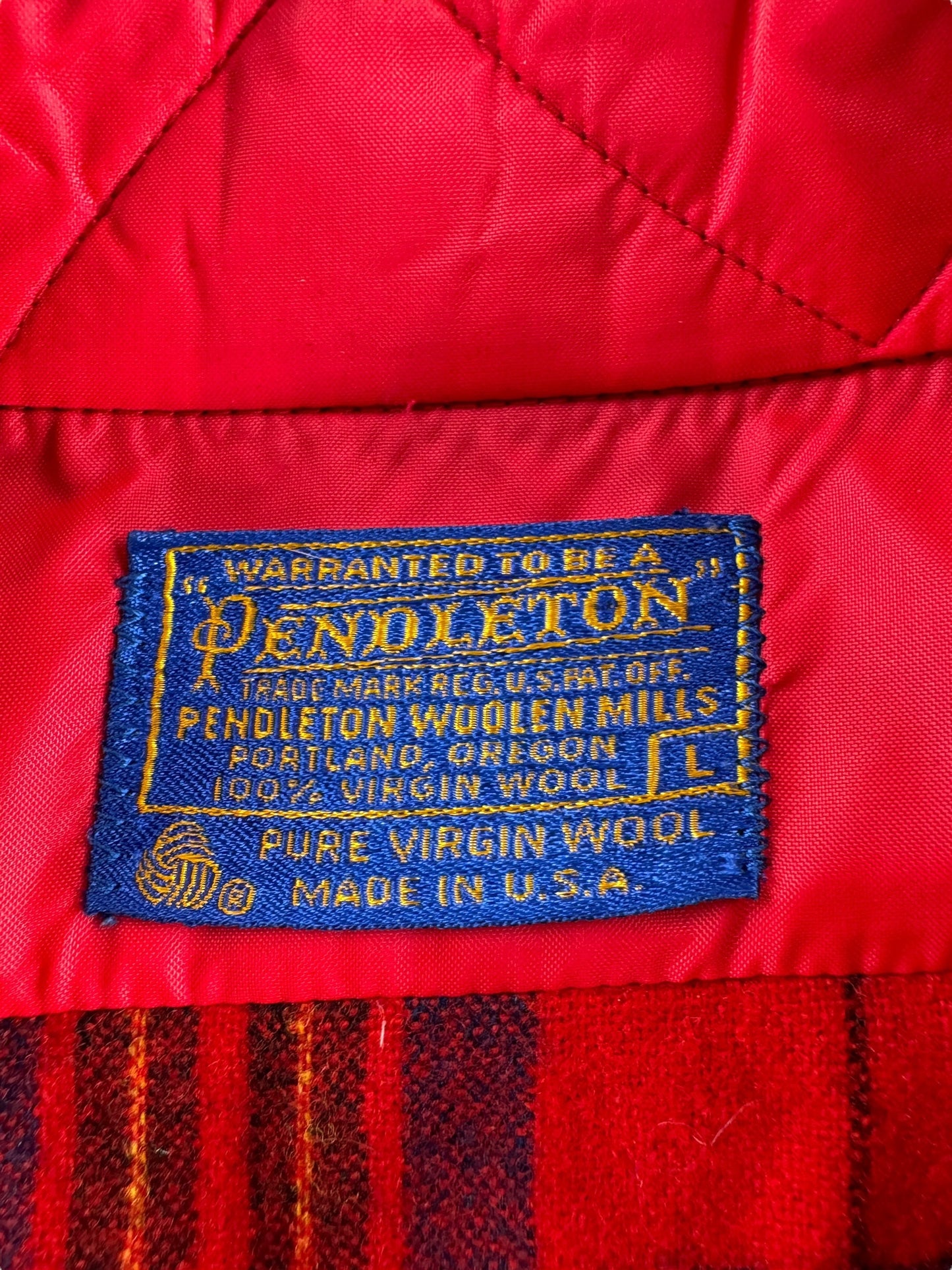 Label on Vintage Pendleton Red and Blue Flannel SZ L