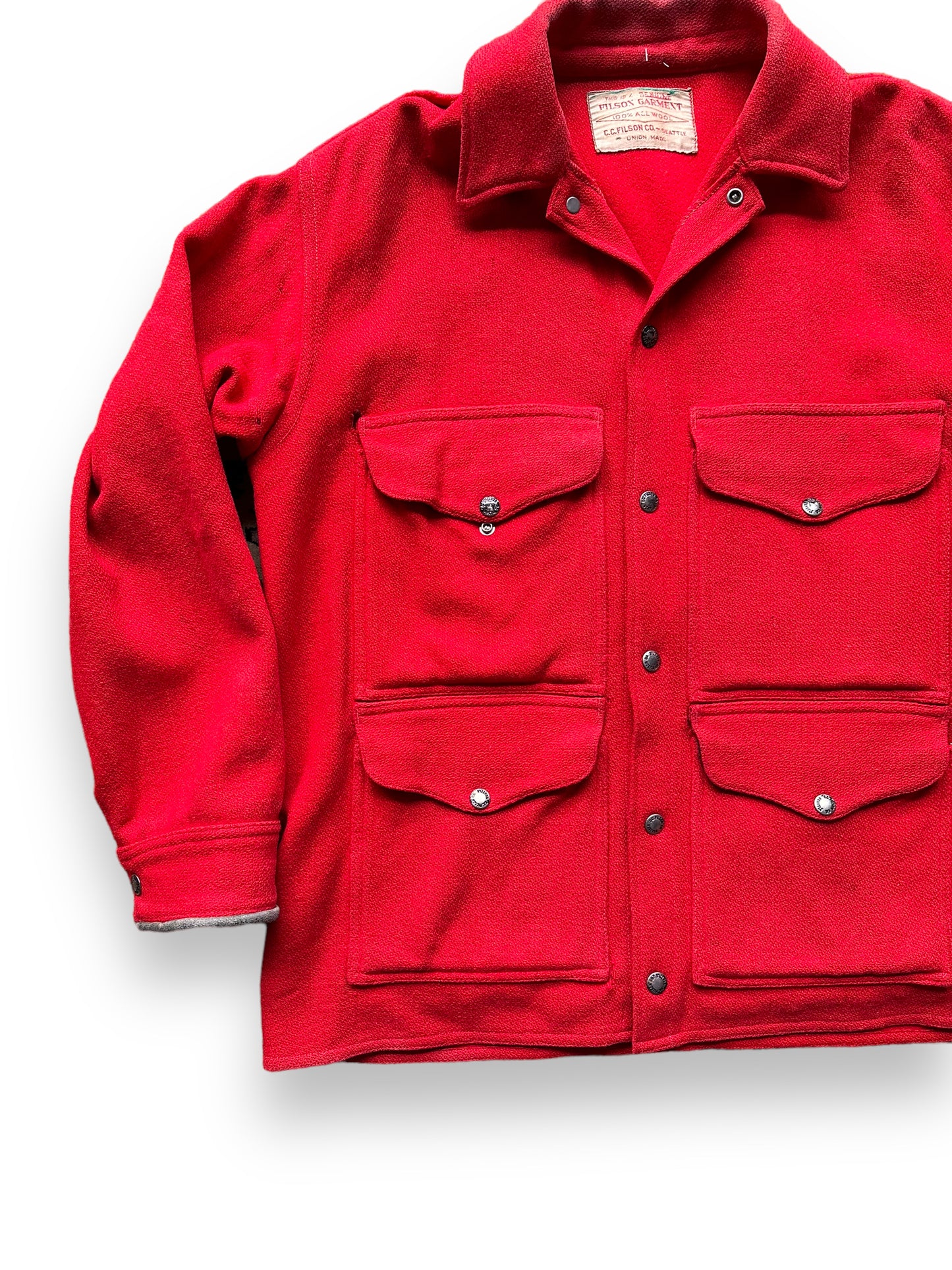 front right of Vintage 60s Era Union Made Filson Scarlet Cruiser Size 44 | Barn Owl Vintage Goods | Vintage Filson Workwear Seattle