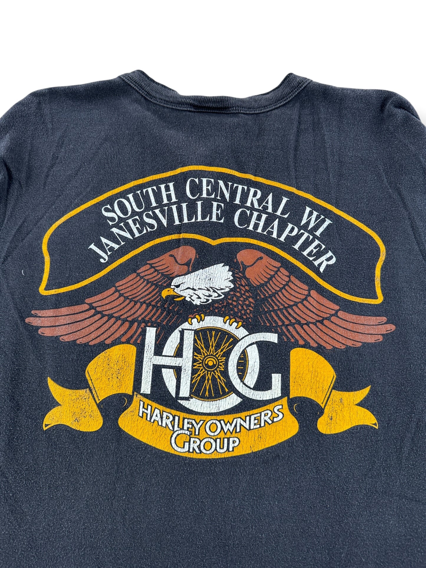 Back Graphic of Vintage Harley Davidson South Central WI Henley SZ L