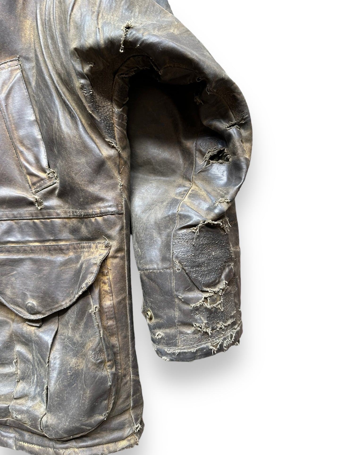 Left Sleeve Repairs on Filson Nasty Boy Tin Cloth Field Jacket SZ 42 | Filson Tin Cloth Jacket | Vintage Workwear Seattle