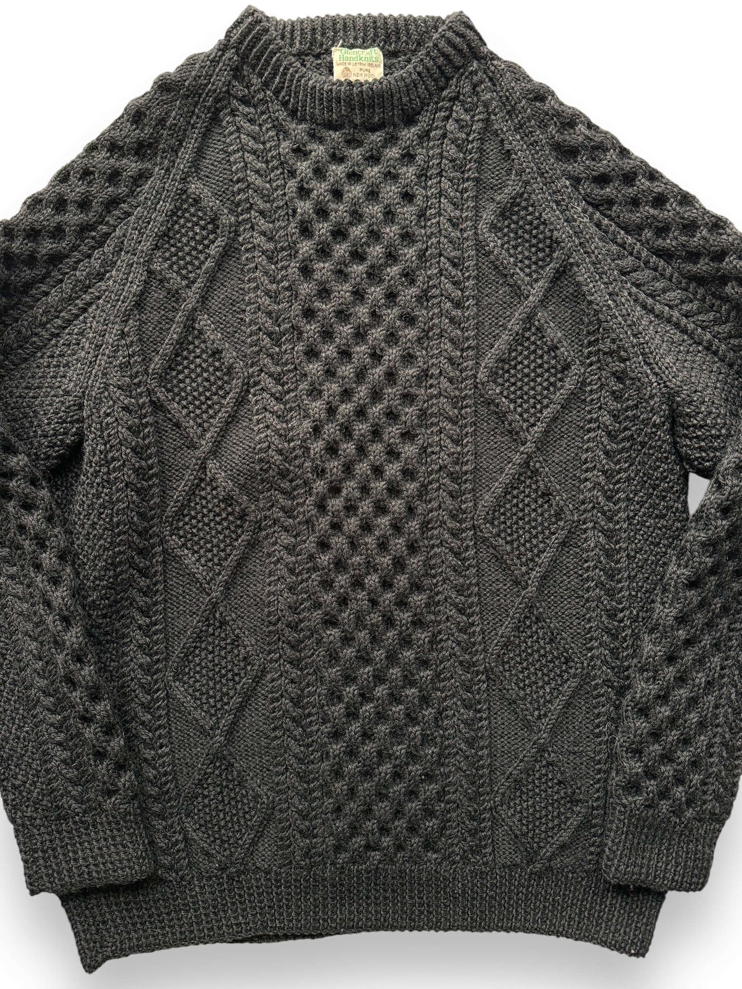 front close up of Vintage Black Glencraft Handknits Irish Wool Sweater SZ L