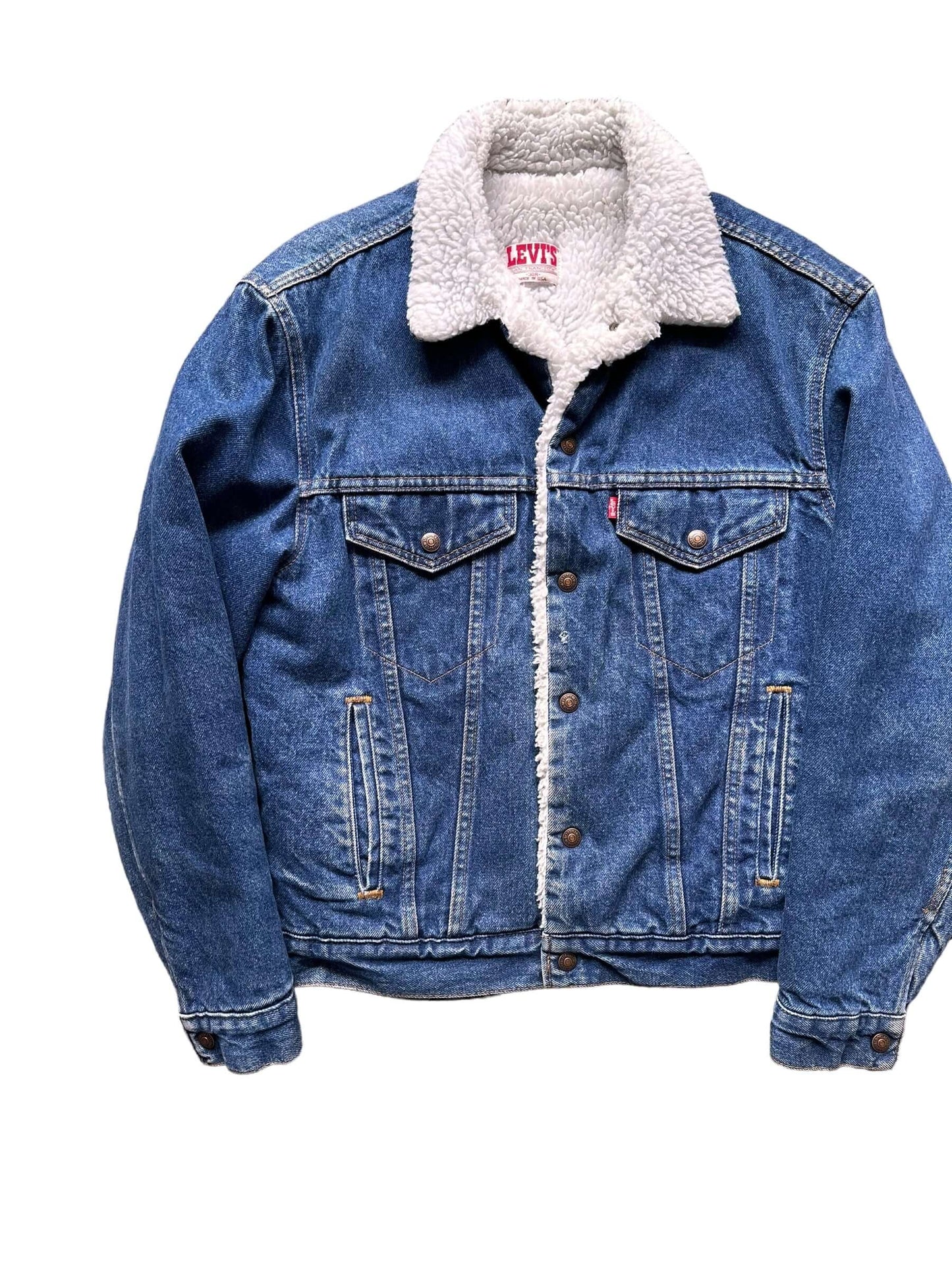 Front Right View of Vintage USA Made Levis Sherpa Type III Denim Jacket SZ 38R | Vintage Denim Workwear Seattle
