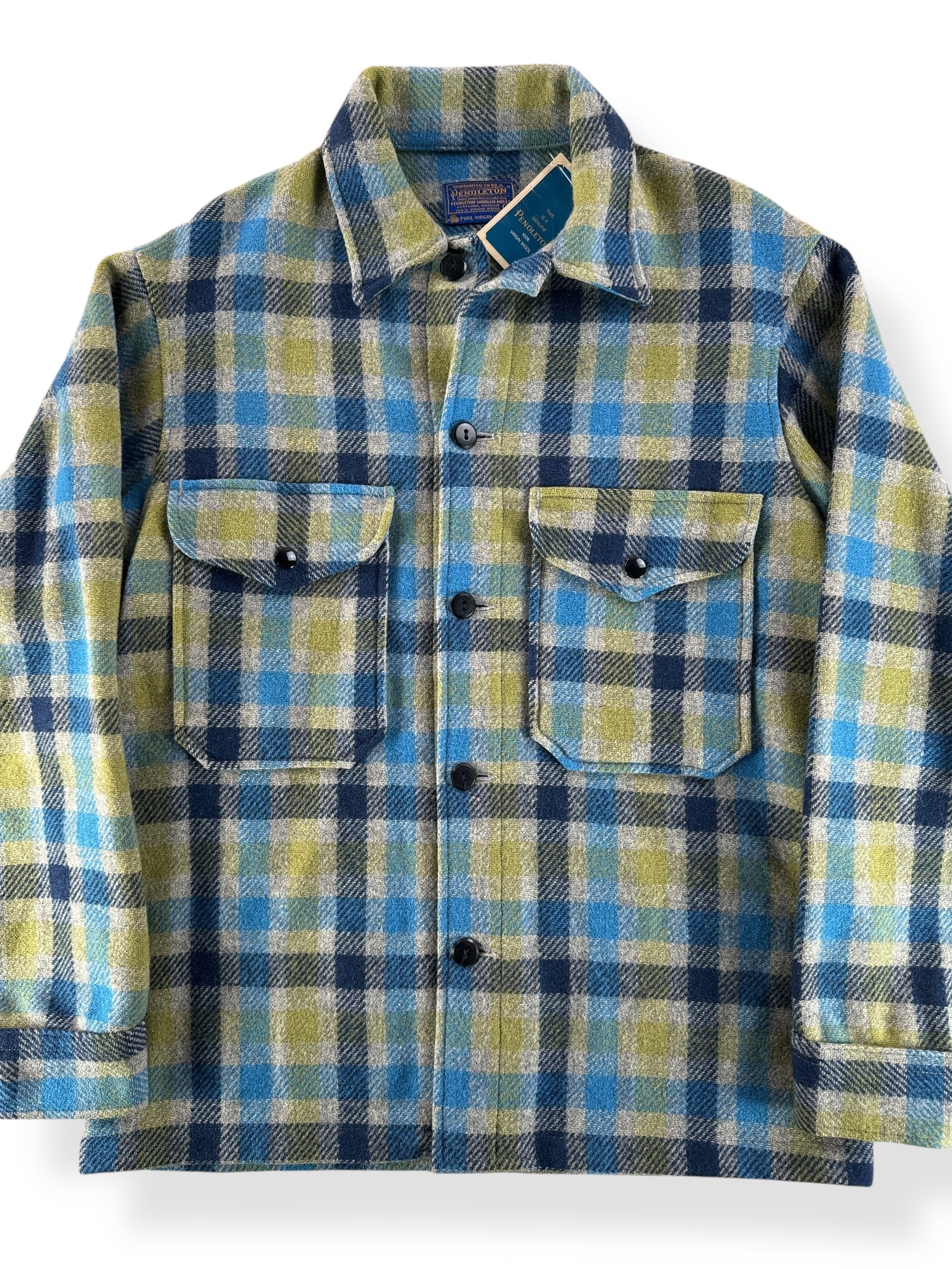 Front Close Up of NOS Vintage Pendleton Green Blue Shacket SZ S